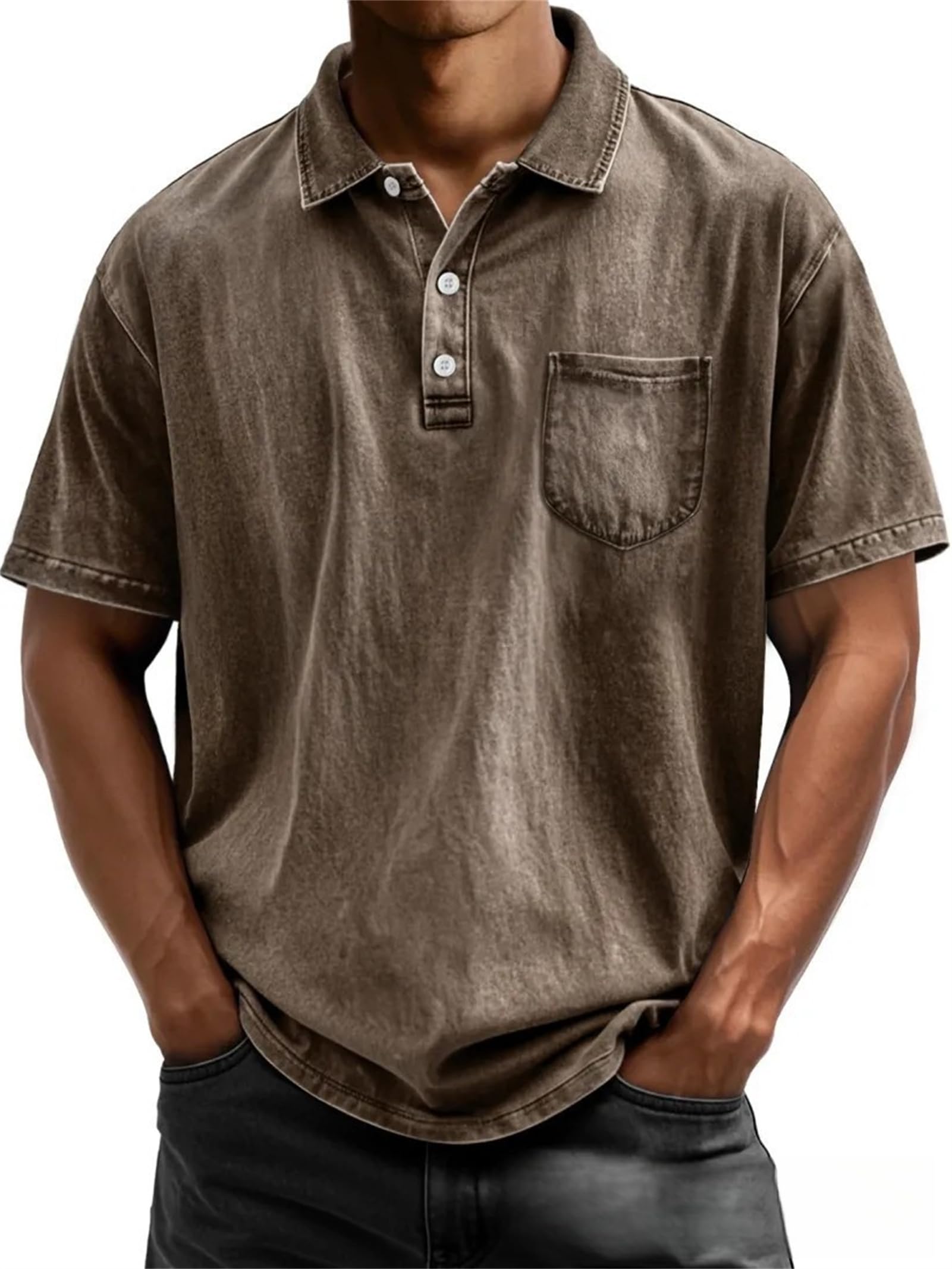 Mokaloha Camicie da uomo vintage Henley lavate e usurate in cotone con colletto e tasca