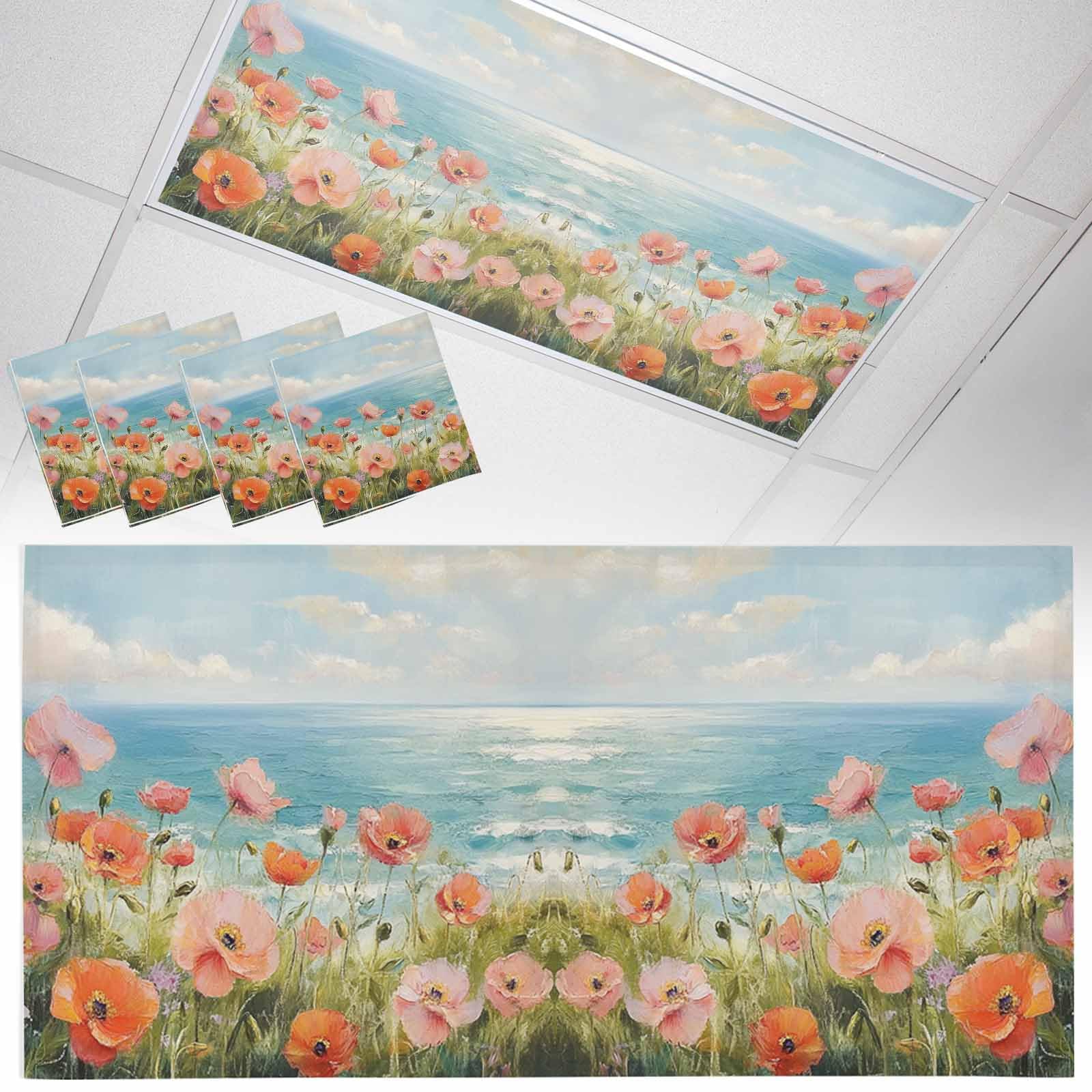 Wowouhiya 4 Pack Fluorescent Light Cover for Ceiling Lights, Pink Spring Floral Magnetic Classroom Light Filters 4x2 Feet, Modern Abstract Art Oil Painting Aesthetics Decorative Ceiling Shade Panel