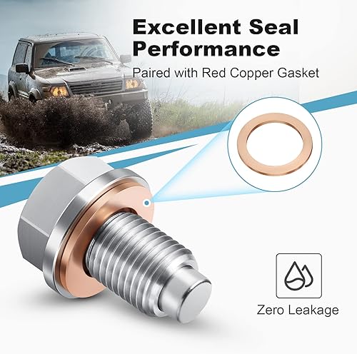 Miniatura 5 de Tapón magnético de drenaje de aceite M12 x 1.25 de acero inoxidable con juntas de arandela de cobre rojo de repuesto para Toyota, Lexus, Nissan,