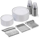 Goodluck 150 Pieces Silver Disposable Plates for 25 Guests, Plastic Party, Wedding, Dinnerware Set of Dinner Plates, Salad Spoons, Forks, Knives, Cups