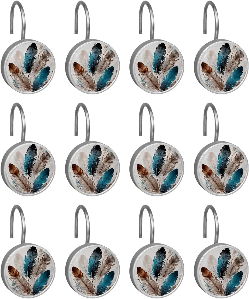Feather Shower Curtain Hooks, Home Decorative Shower Curtain Rings for Bathroom, Rust Proof Metal Shower Curtain Hangers for Shower Curtain Rod, Set of 12