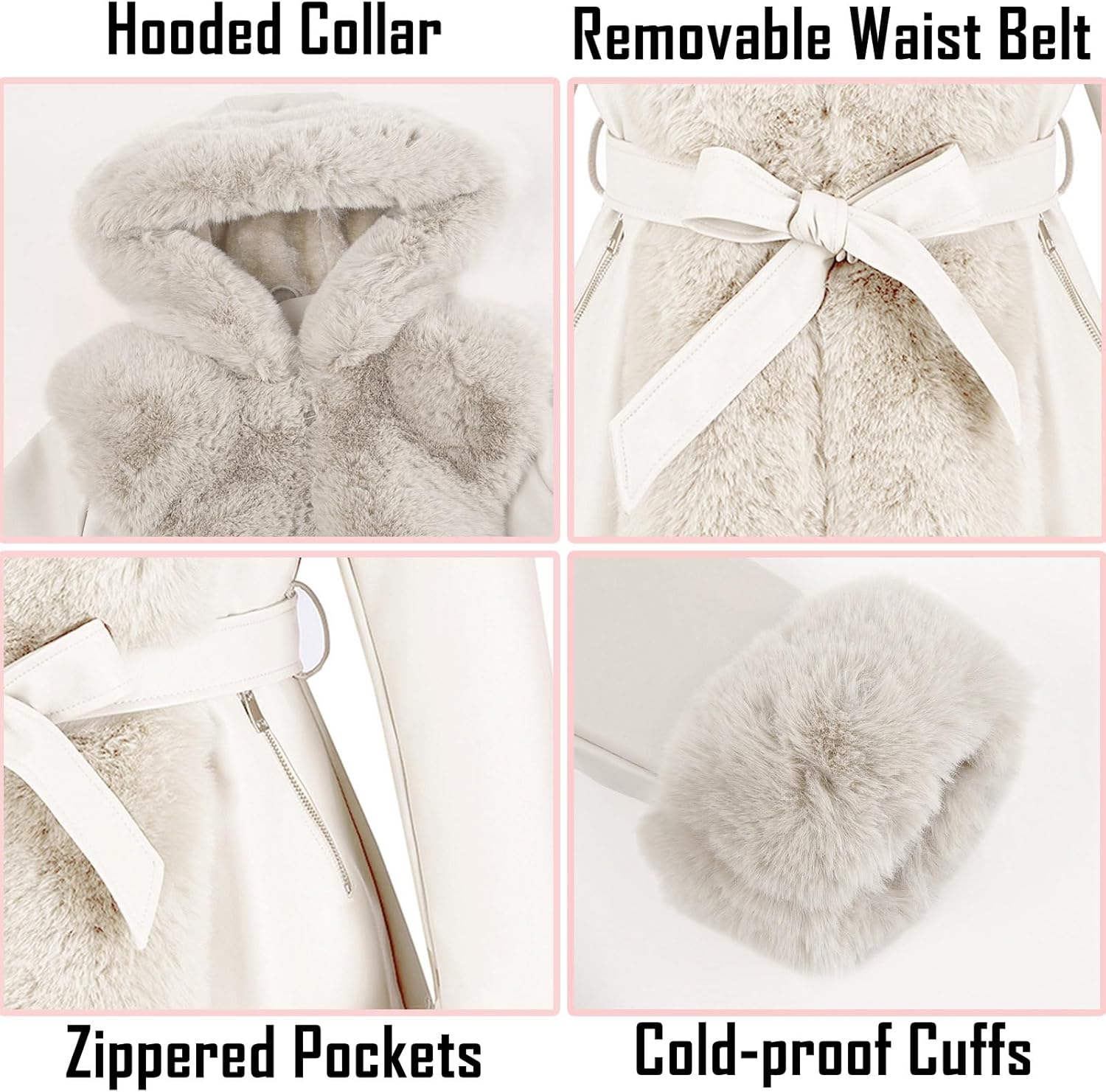 RISISSIDA Luxurious Women Winter Fur Lined Coat, Leather Jacket with Hooded Long Fur Collar, Thick Warm Heavy Overcoat Belted - Image 5