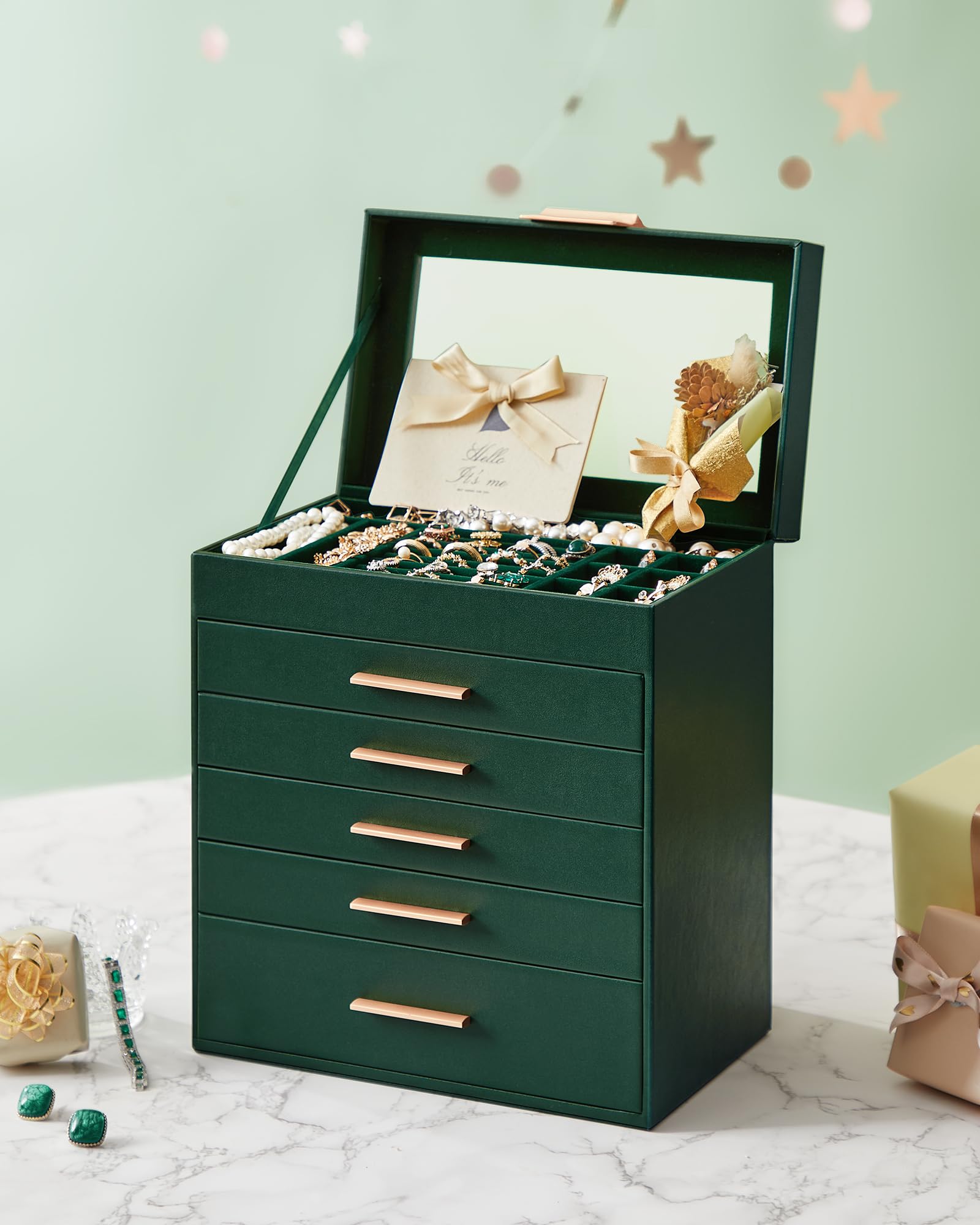 SONGMICS Colección GISELLA - Caja de Joyas, Caja Joyero de 6 Niveles, Estuche de Joyería, con 5 Cajones, Gran Capacidad, Estilo Moderno, Verde Bosque y Dorado, 16,3 x 25,1 x 29 cm JBC171C01