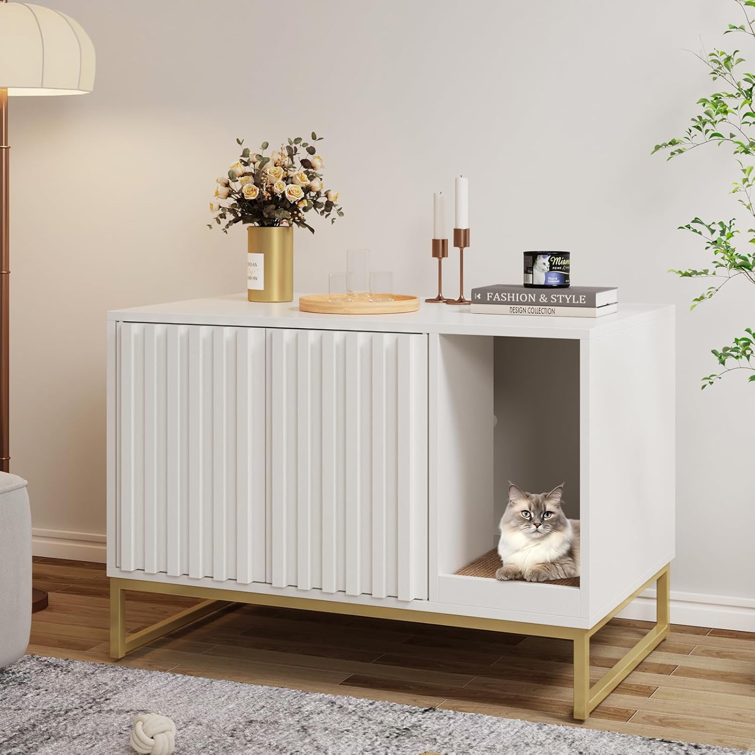 Litter Box Enclosure, Modern Cat Litter Box Furniture Hidden Litter Box with Scratch Pad, Cat Washroom House End Table, Entryway Bench for Livingroom (White) White 31.5"L x 20"W x 22"H