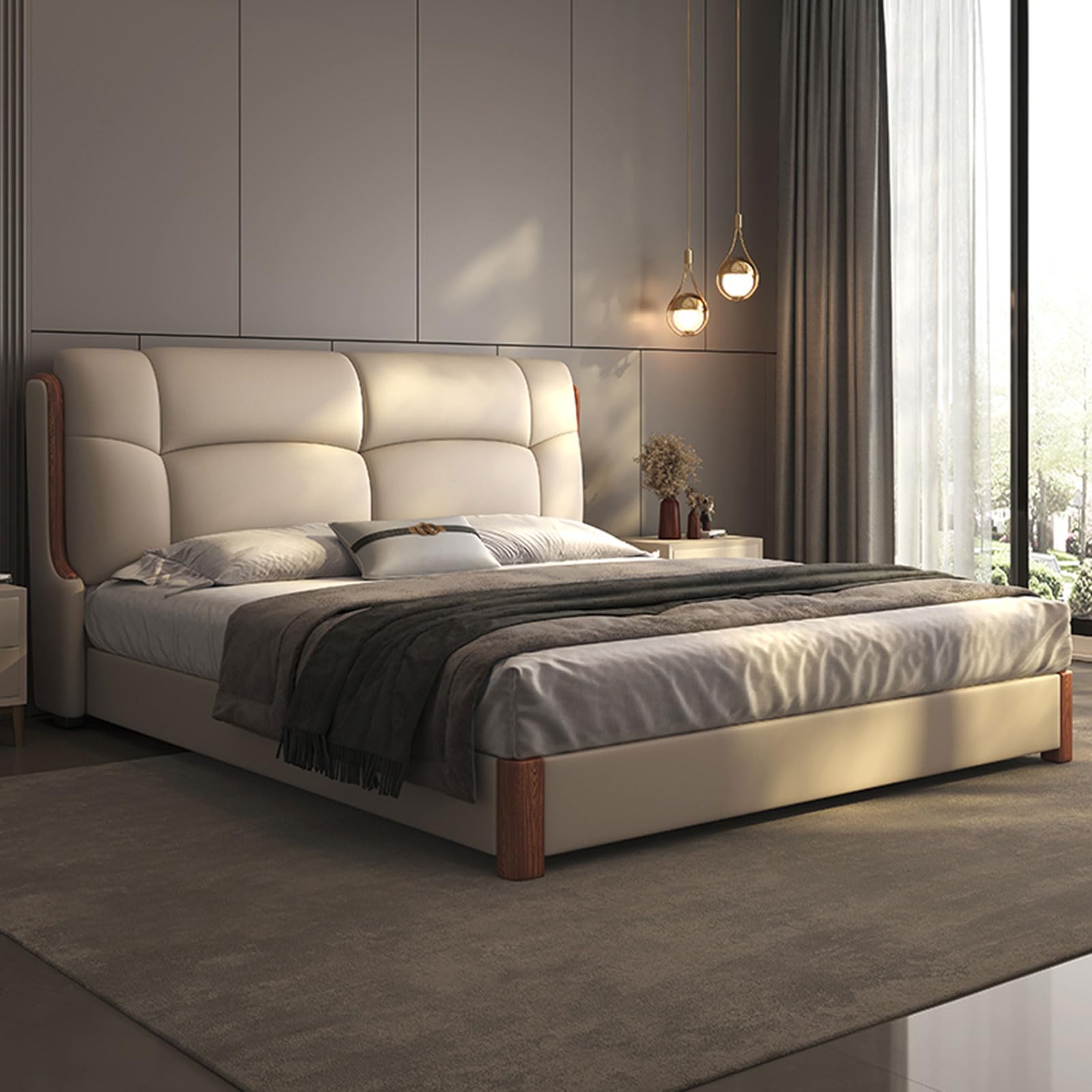 King Size Genuine Leather Bed Upholstered Platform Bed Frame with Headboard and Drawers Strong Wooden Slat Support No