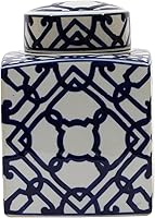 Vista 3 de Creative Co-Op Blue & White Ceramic Ginger Jar with Lid Patrón geométrico
