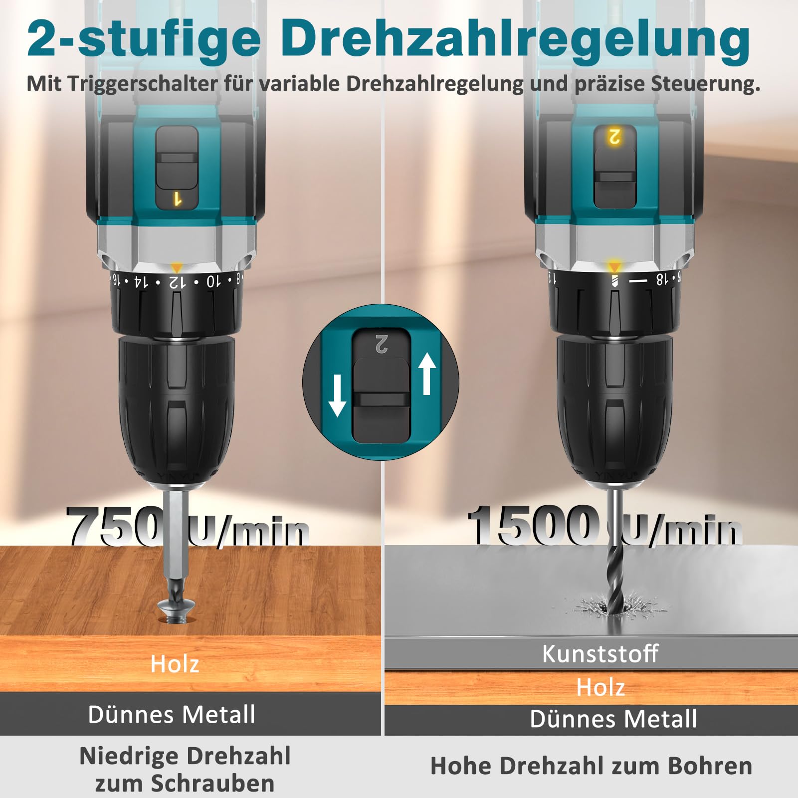 Sundpey Akkuschrauber Set mit 2 Akkus 2,0Ah, 21V Akkubohrer und Schrauber, 1500U/min 45Nm Max Akku Bohrschrauber mit 2-Gang, 18+1 Drehmomentstufen, 10mm Bohrfutter, LED-Licht Für Haus Reparatur & DIY