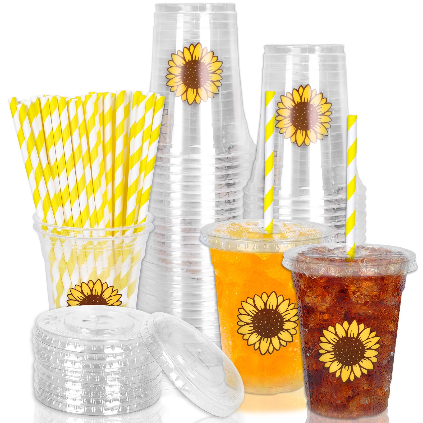 Whaline 50Pcs Sunflower Disposable Plastic Cups with Lids and Straws 12oz Floral Party Cups Summer Flower Cold Beverage Drinking Cups for Birthday Wedding Bridal Shower