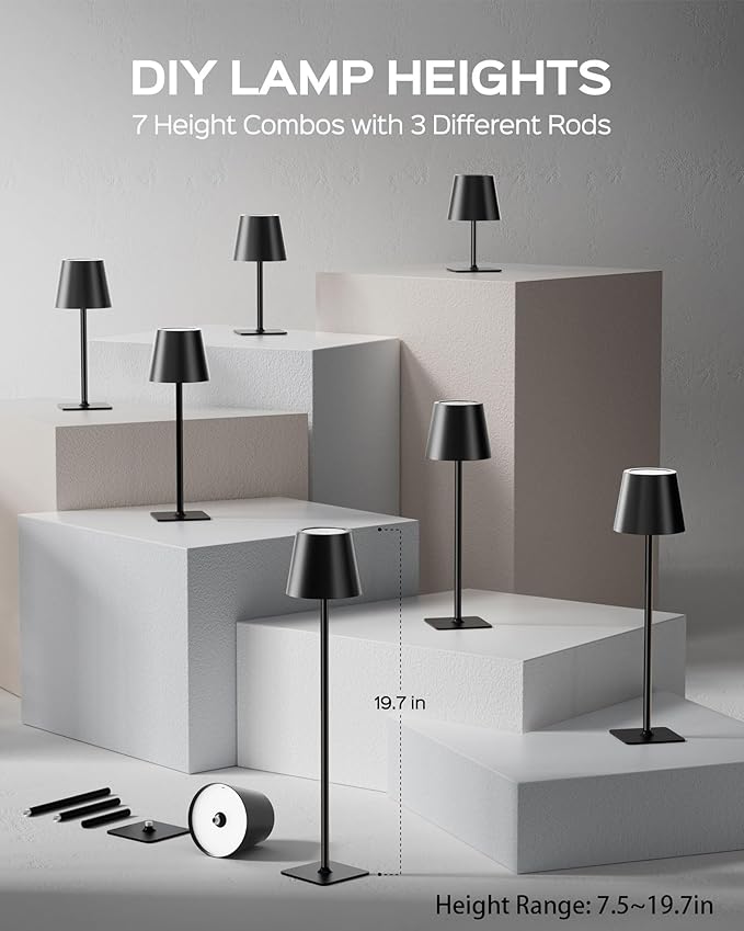 JACKYLED JACKYLED Cordless Lamp DIY Height, 3 Color Stepless Dimming, 5000mAh Battery Operated Lamp Portable Rechargeable for Bedroom Dinning Kitchen Metal Black, 2 Pack photo 6