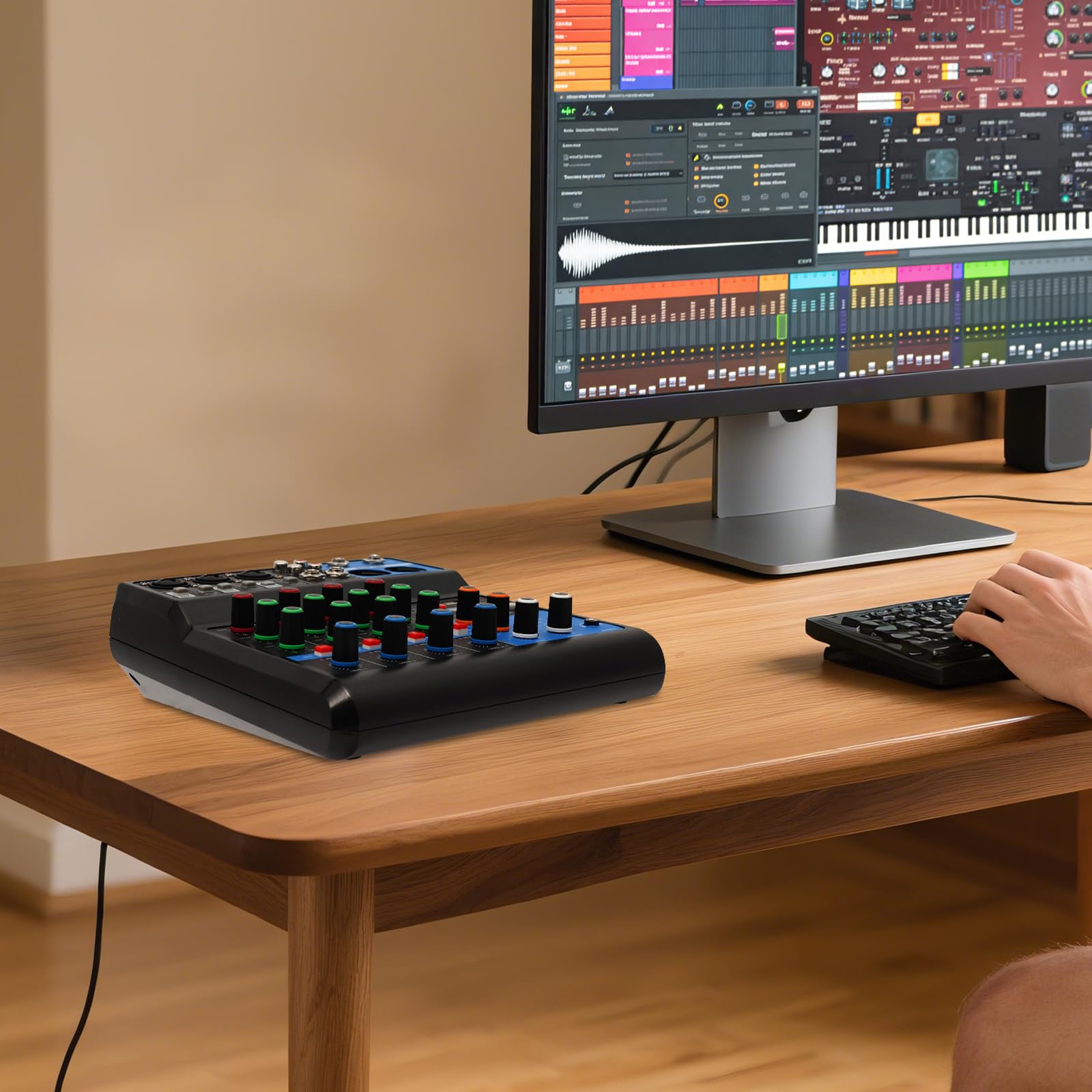 Mixer audio Soundboard, mixer audio a 5 vie con USB, Bluetooth, alimentazione phantom stereo, potenziometro, interfaccia loto per podcasting, spettacoli dal vivo