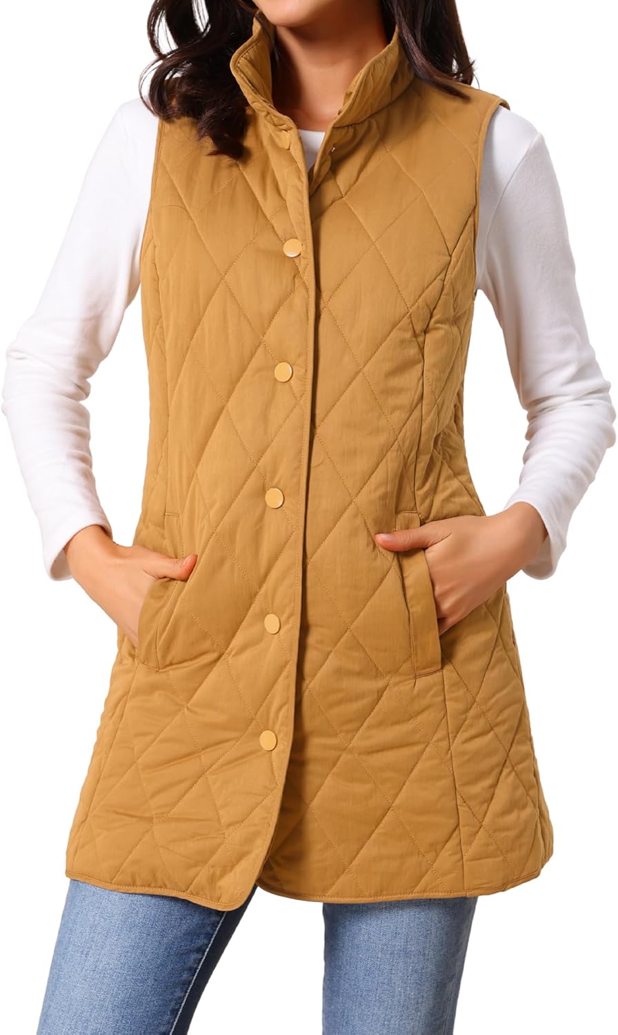 Seta T Women's Long Puffer Vest Stand Collar Sleeveless Puffy Jackets Lightweight Gilet Quilted Warm Coat