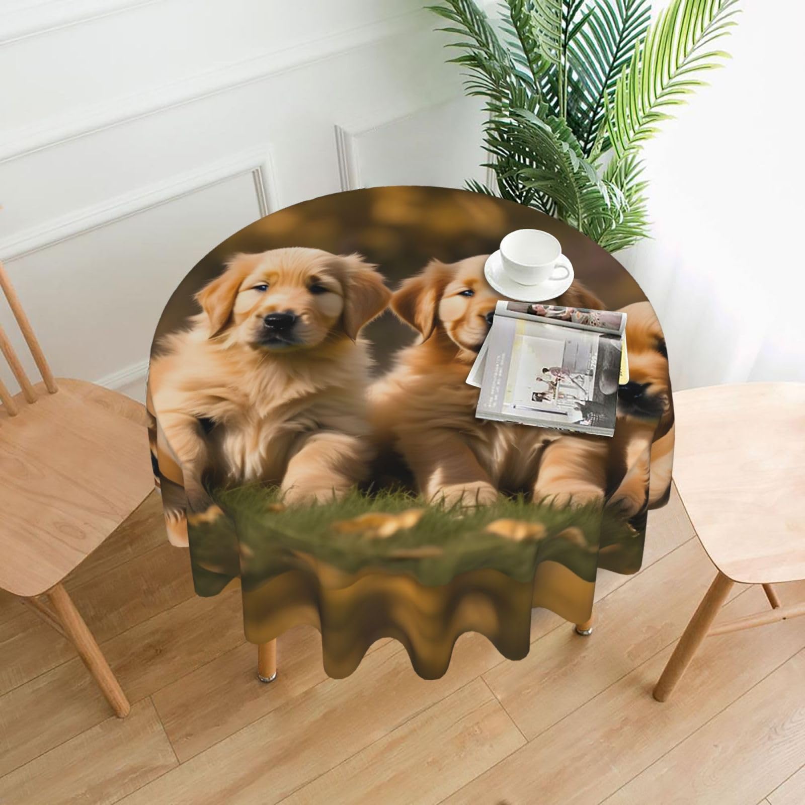 Nbtghga Golden Retriever Dogs Puppies Pets Print Tablecloth Round Border Table Cloth Cover Decorative For Party Holiday Dinning Tabletop Home