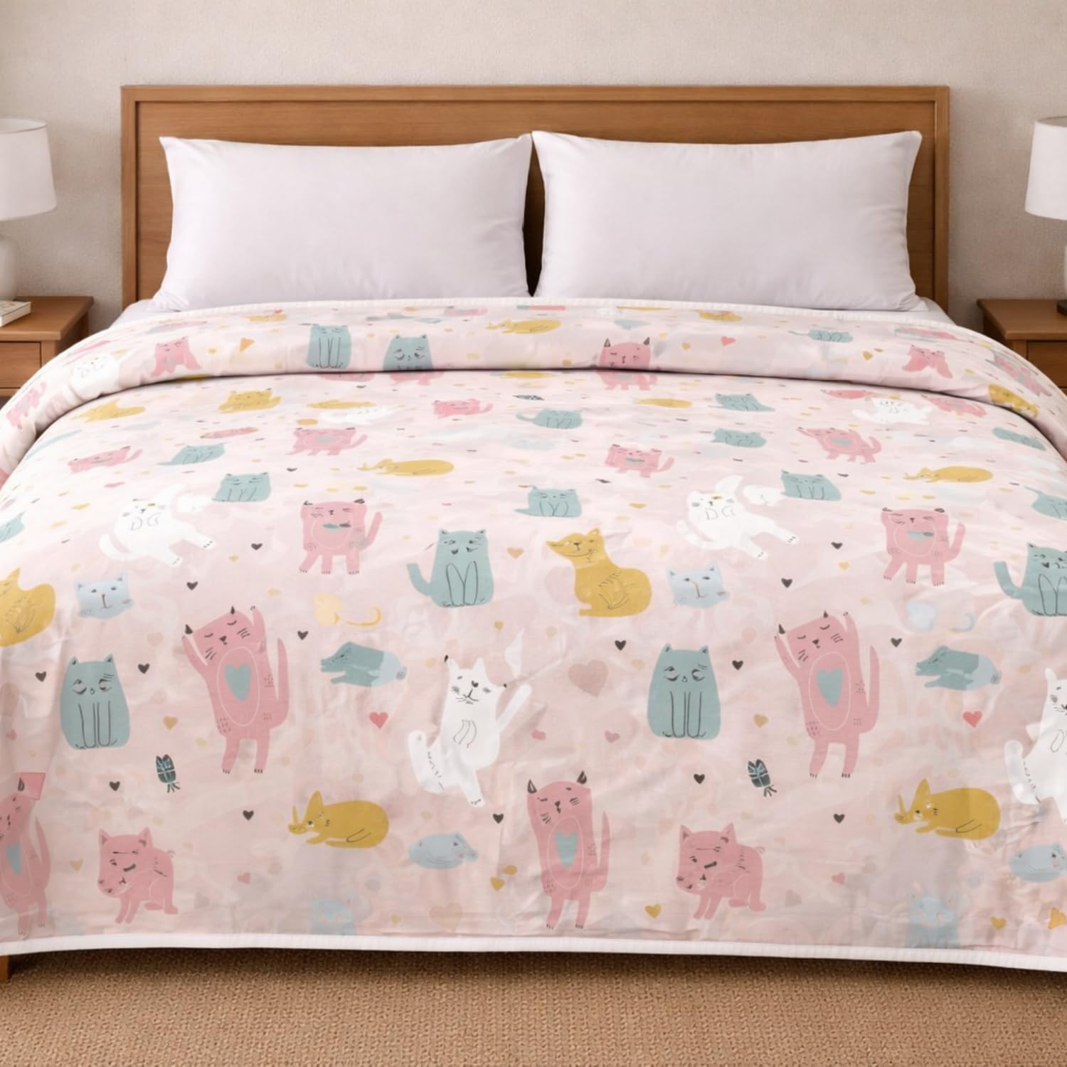 HABOO | Cute Pastel Cat & Heart Printed Kids Cotton Blend Double Bed Dohar - 90x100 Inches | Children Mild Winter Blankets-image-1
