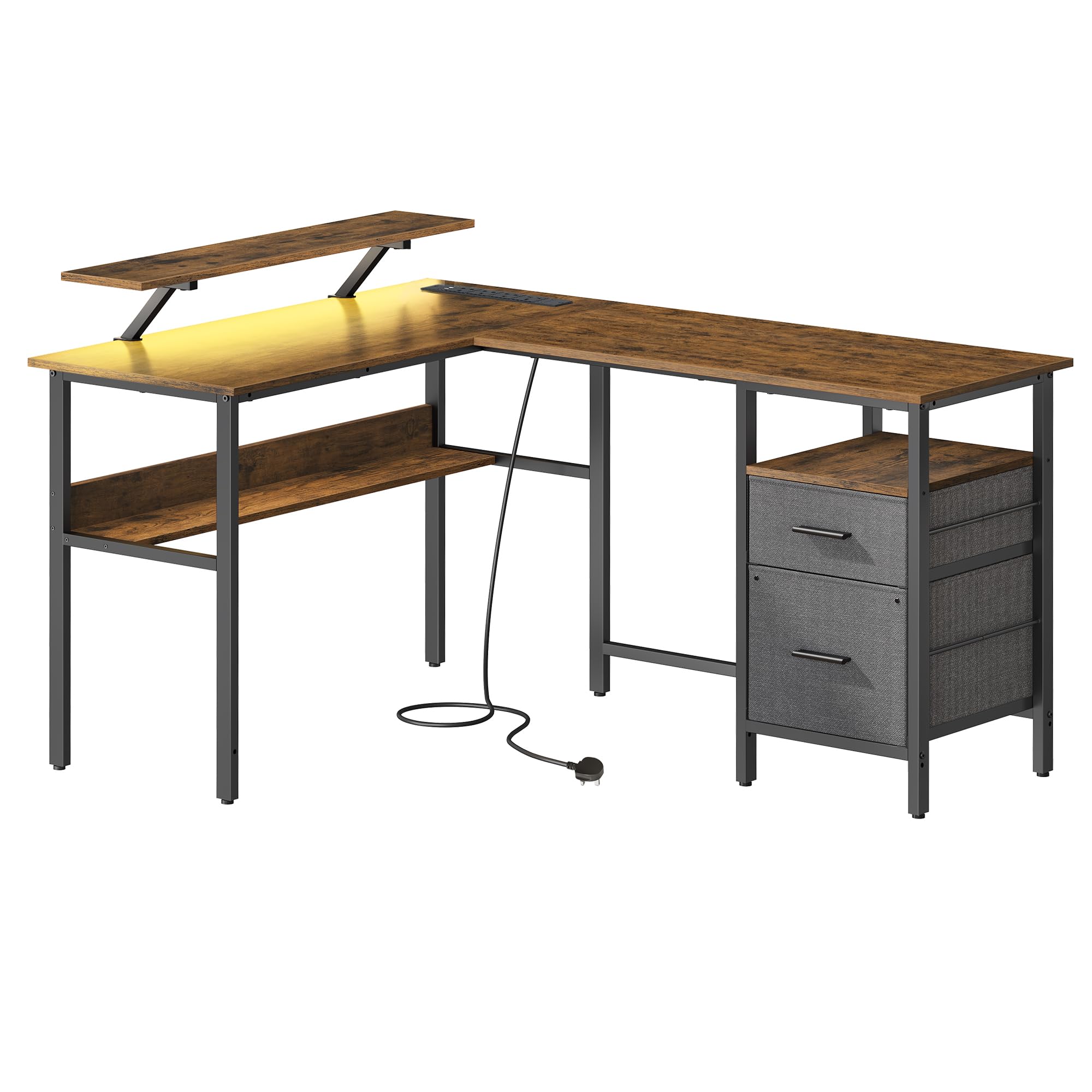 L-Shaped Computer Desk with Power Outlets, Rustic Brown