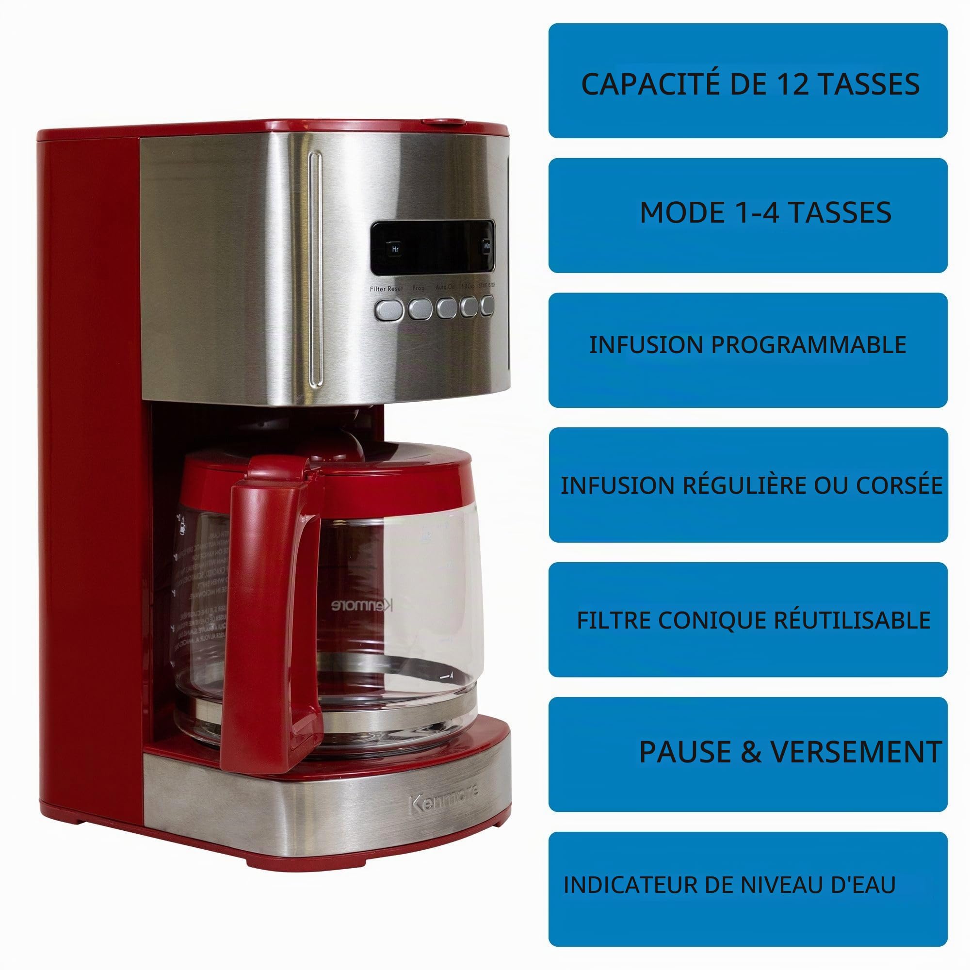 Cafetière à filtre Kenmore 12 tasses avec verseuse en verre de 1,8 L pour café moulu, affichage numérique, minuterie programmable, filtre réutilisable, chauffe-filtre, arrêt automatique, rouge.