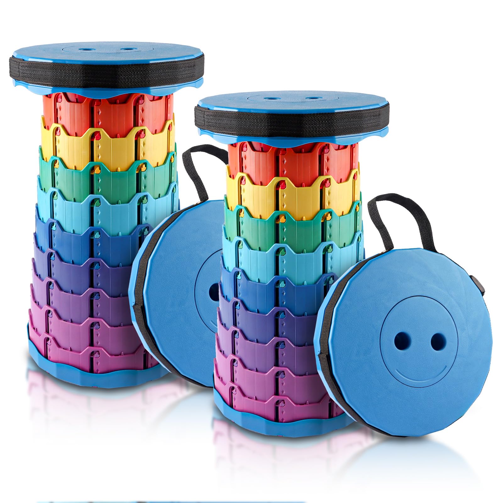 2 Piezas Taburete Plegable Redondo, Taburete telescópico Plegable Ajustable de 6 a 45 cm con Correa, Carga hasta 200 kg para Camping, Pesca y Viajes Multicolor