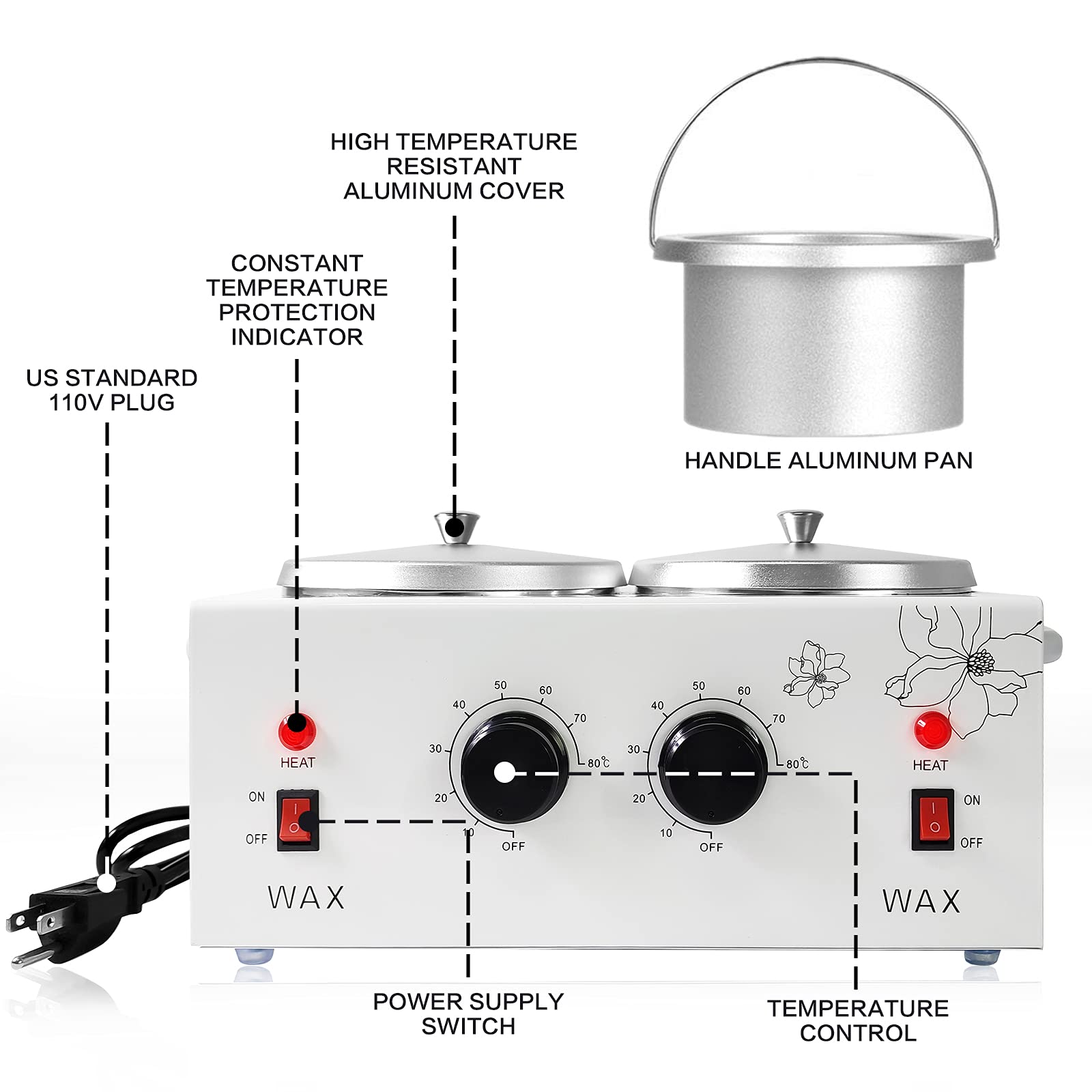 Waxing Kit Portable Wax Warmer Machine for Painless Hair Removal,Women Men Professional Wax Heater with Adjustable Temperature Set??î40pcs Wax Sticks(double pots)