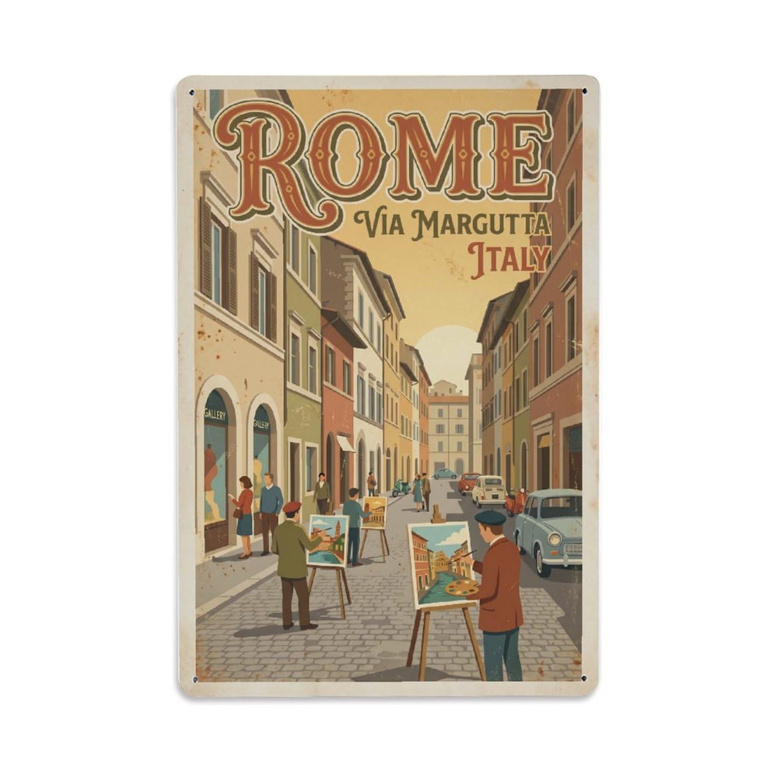 Vintage Travel Rome Via Margutta Artists Street Galleries Rusted Italy Metal Tin Sign Plaque Wall Decor for Cafe, Club Bar, Office, Home Garden Metal Poster 8x12Inch