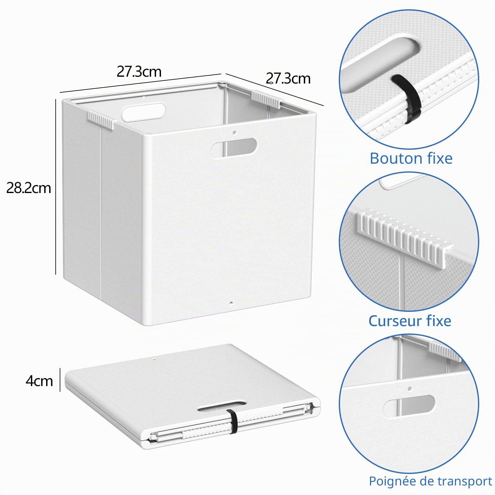 Lot de 4 boîtes de rangement pliables en cubes, cubes de rangement en plastique avec poignée, blanc, 27,3 x 27,3 x 28,2 cm