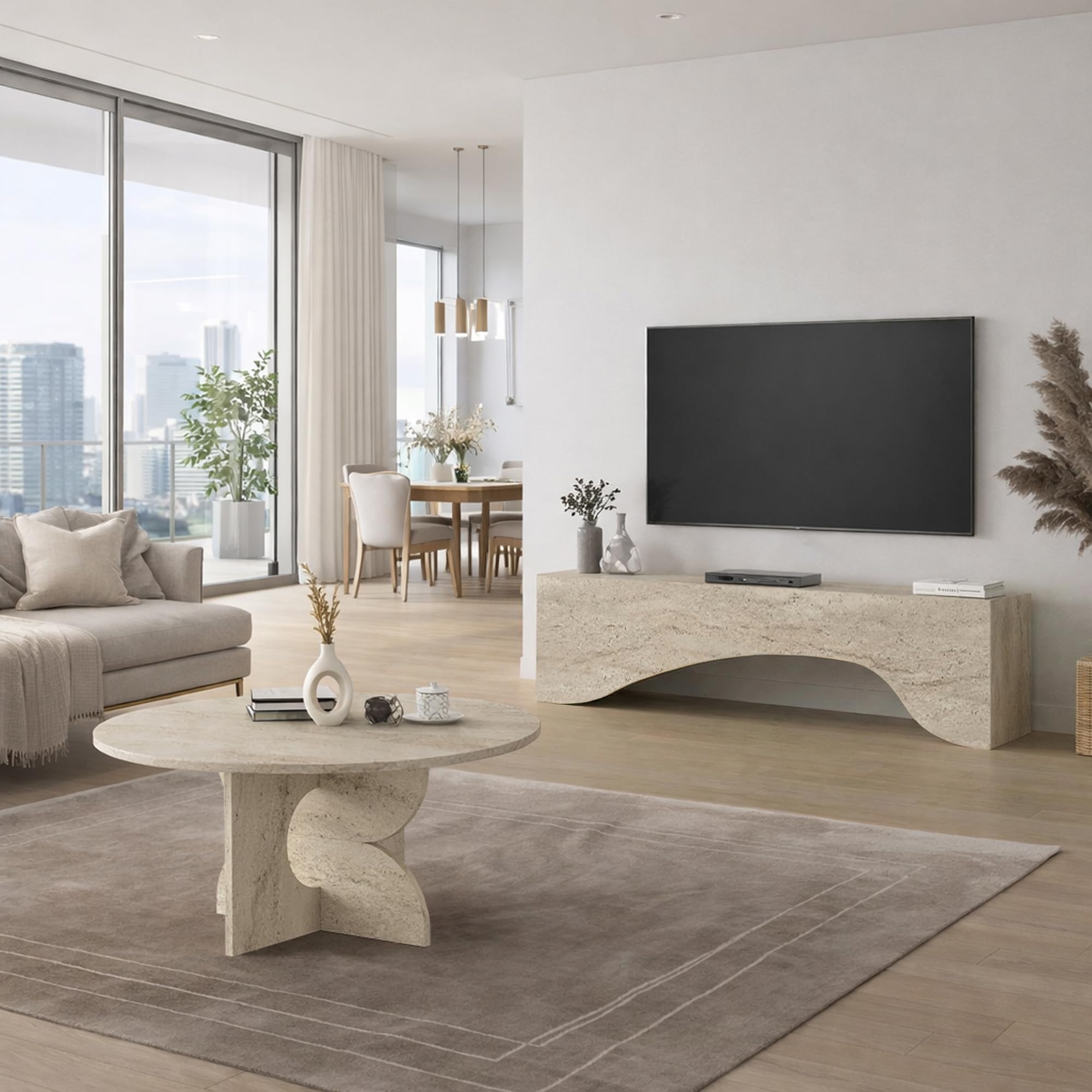 moebel17 TV Lowboard 150 cm Travertin-Optik – TV Schrank für Fernseher bis 65 Zoll – modernes TV Board & TV Ständer in Stein-Optik, Fernsehtisch Lowboard für Wohnzimmer, Beige, 150 x 40 x 31,4 cm