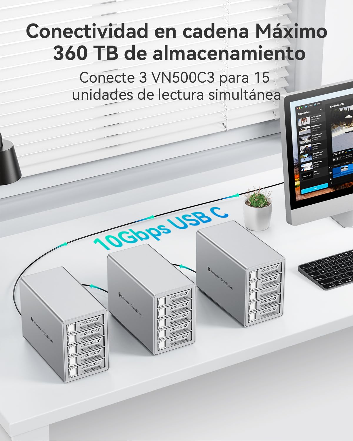 Yottamaster Caja 5 Bahías para Disco Duro, 10Gbps Daisy-Chain 5 Bay Das, Carcasa USB C Das de Aluminio Soporta 110TB (5x22TB) Máximo hasta 330TB para 2.5"/3.5" SATA HDD/SSD (Sin Disco)