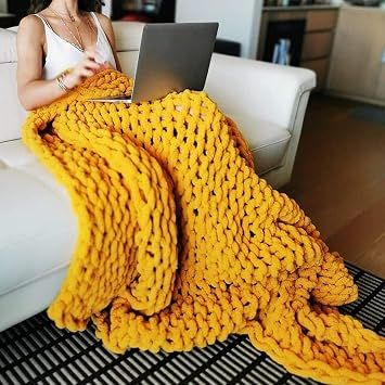 Chunky Knit Blanket Throw, Handmade Knitting Super Large Throw, Thick Soft Cozy Warm Chenille Blanket Throw for Bed, Sofa, Chair and Couch Color Yellow, Size 180 * 200cm
