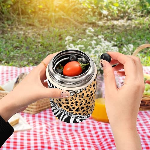 Miniatura 5 de Tarro de comida de piel de cebra y leopardo con cuchara de acero inoxidable aislado al vacío, contenedor de alimentos de 17 onzas para adultos