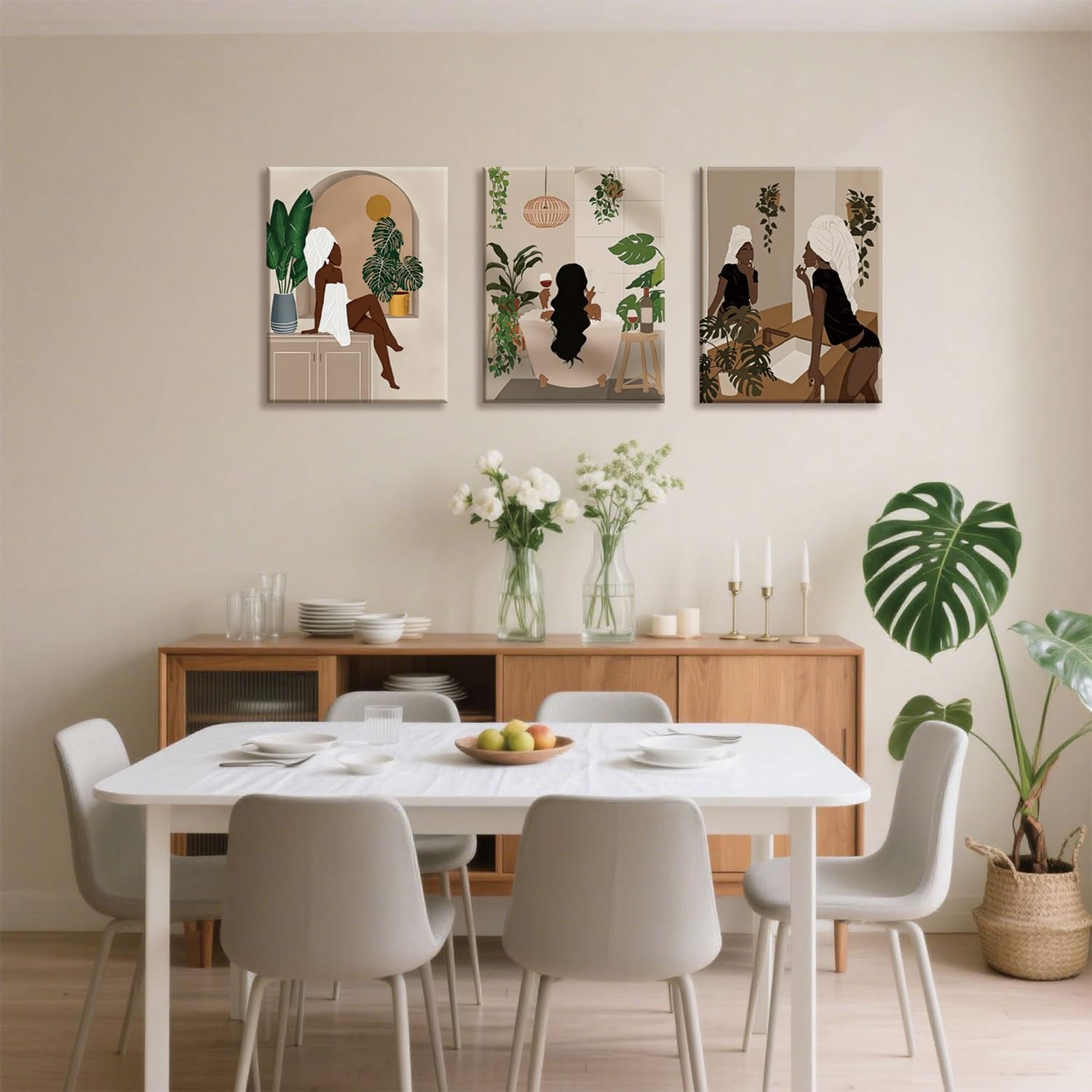 TUEASKY 3 Piece Canvas Wall Art Black Girl Wall Art Black Woman Paintings Prints Boho Pictures Wall Decor for Bathroom - Image 3