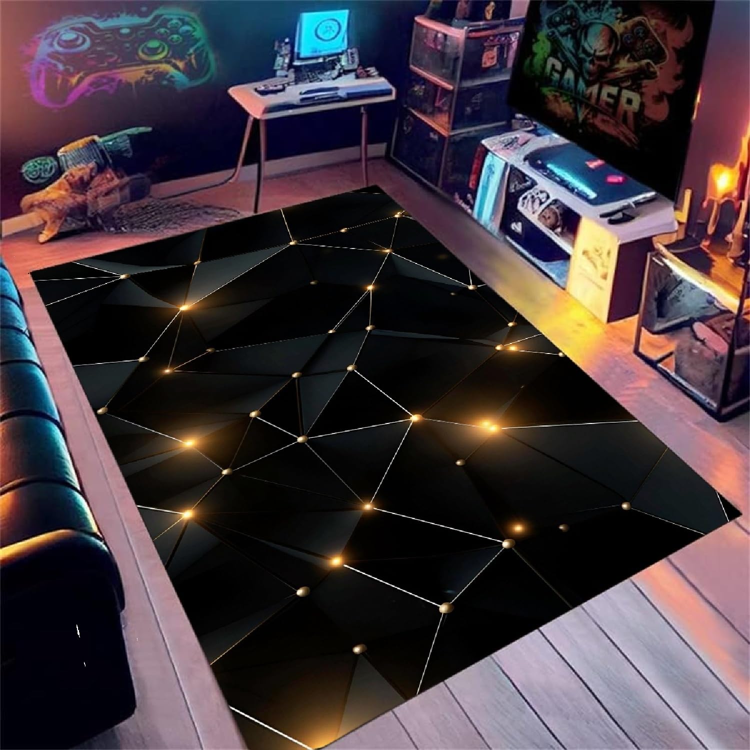 Alfombra Habitación Juvenil Gamer - Alfombra Niño con Diseño Motivi geometrici, Base Antideslizante para Suelo, Decoración Moderna para Dormitorio Juvenil (Yellow,160x200cm)
