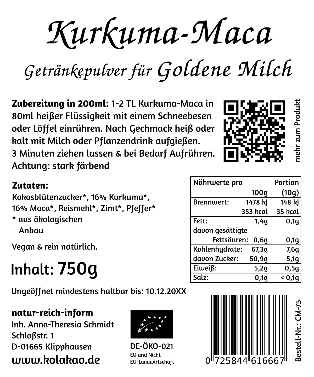 GoldMilch mit Kurkuma, Maca & Carob – Getränkepulver für Goldene Milch | Frei nach ayurvedischer Tradition | gesüßt mit Kokosblütenzucker | 750g = 75 Tassen | Bio, Vegan & Fair | Sächsische Manufaktur