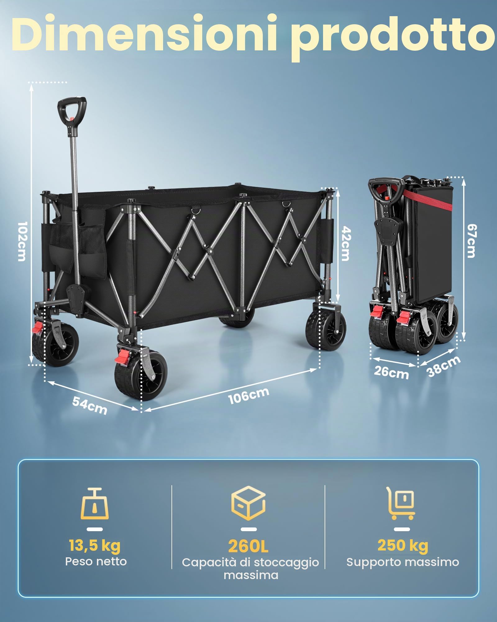 YEAUPE PRO Carrello Spiaggia Pieghevole XXXL – Doppi freni, doppia forcella rinforzata, ruote grandi, manico regolabile, rete elastica inclusa, carrello con ruote portatutto – 250kg/260L, Nero Carbone