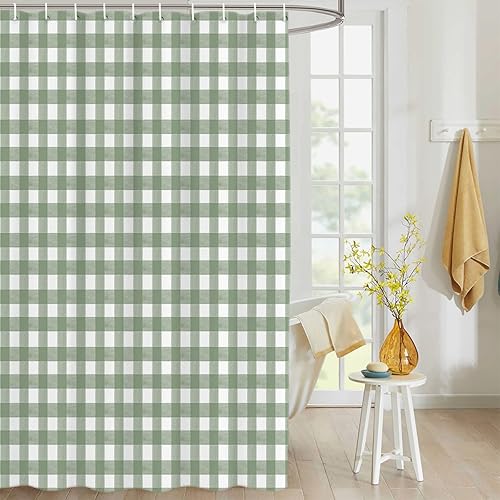 QueenKer Shower Curtain Sage Green Buffalo Plaid Waterproof Fabric Shower Curtai