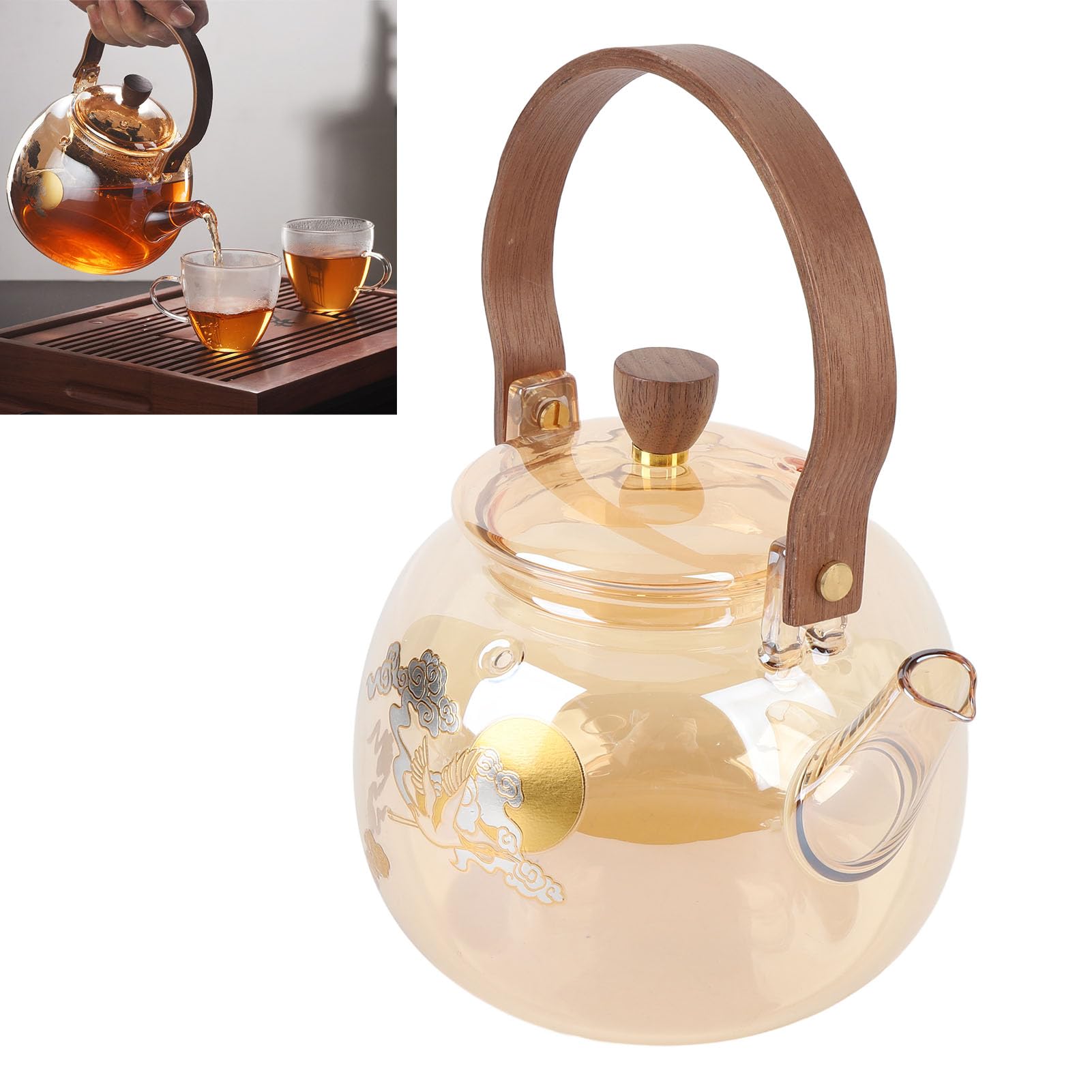 Tnfeeon Tetera de Vidrio de Borosilicato Resistente Al Calor de 950 Ml, Tetera Transparente con Mango de Madera y de Hojas Sueltas para Uso en Estufa Eléctrica de Cerámica