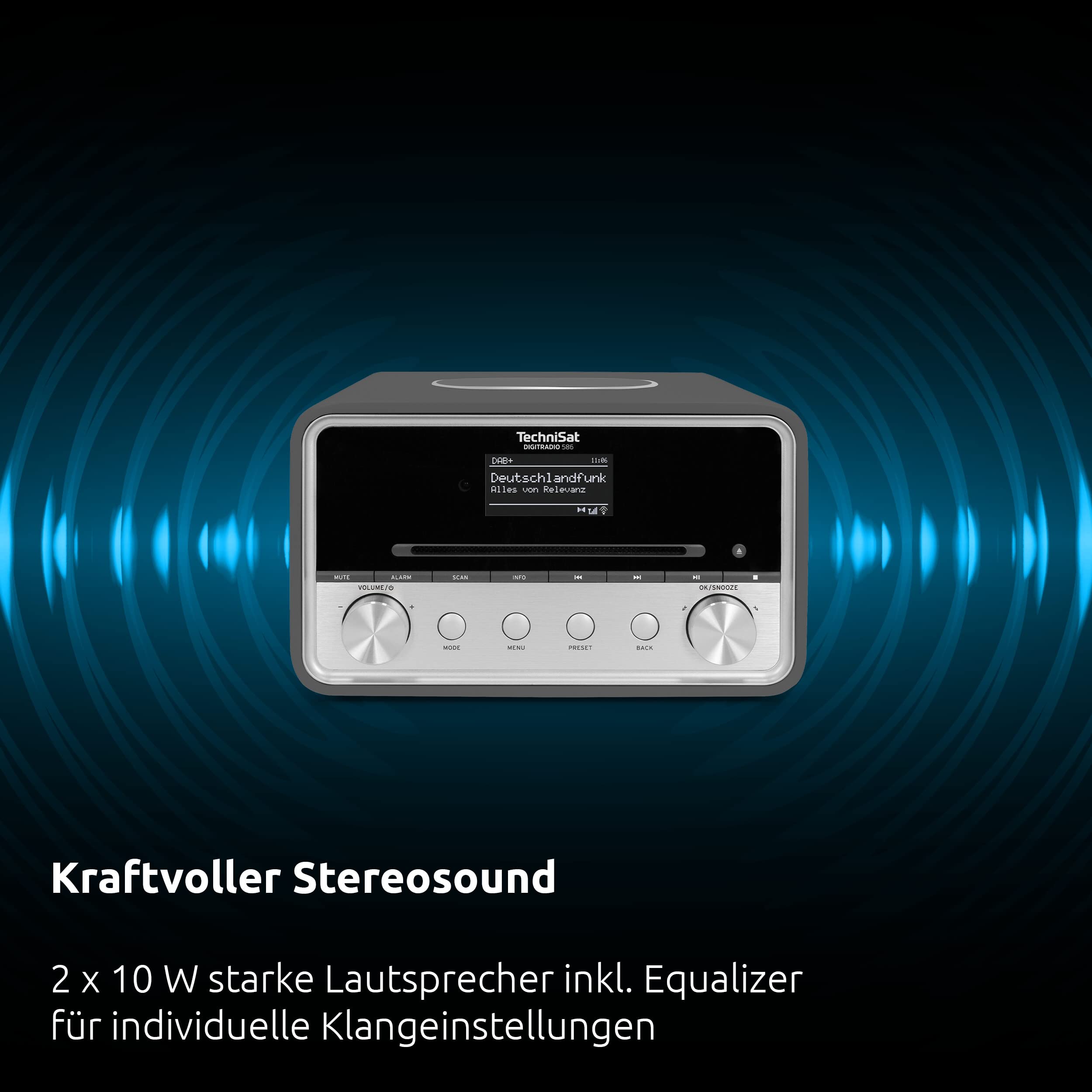 TechniSat DIGITRADIO 586 – DAB+ Hybridradio (Internetradio, UKW, Bluetooth, Spotify, Wireless Charging, App-Steuerung, OLED-Display, USB, CD, MP3, AUX, 20 W, Kompakt-Anlage, Fernbedienung) anthrazit