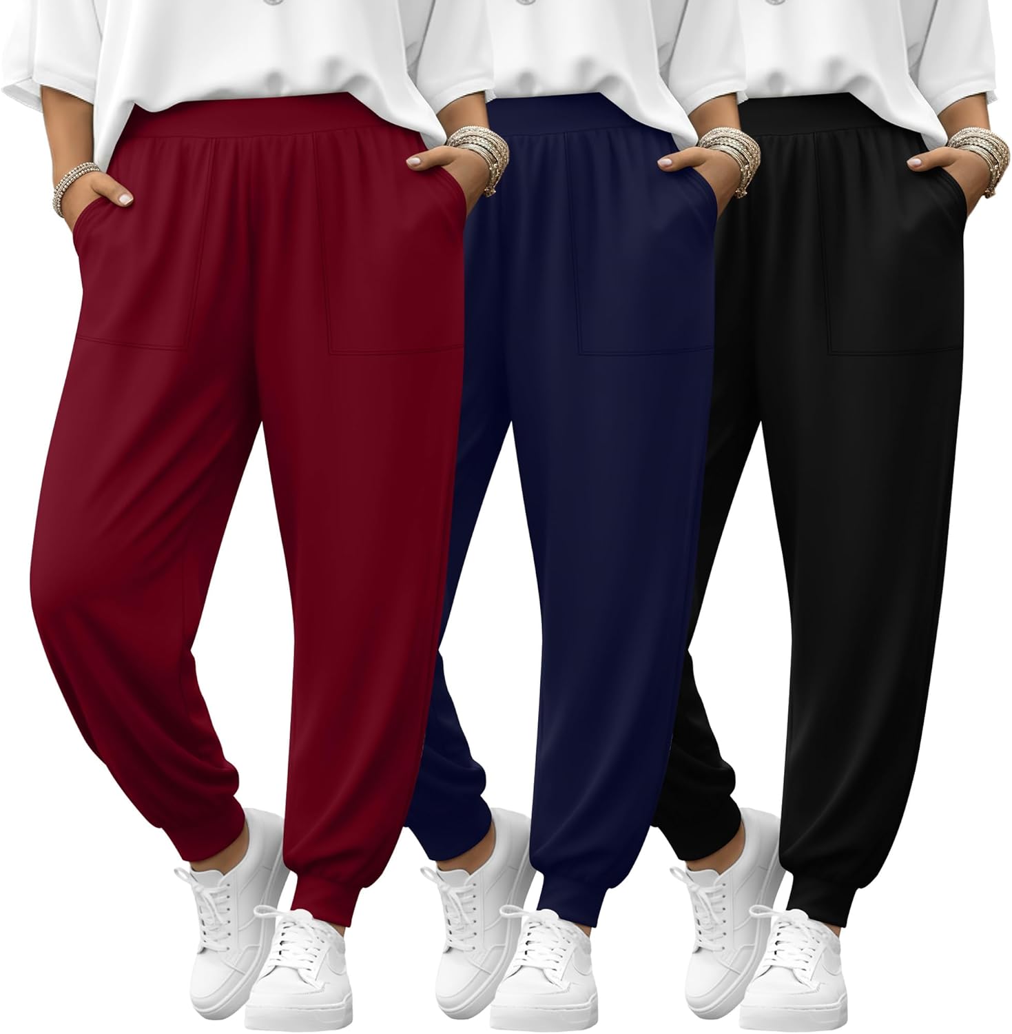 3 Pack Women's Plus Size Lounge Joggers with Patch Pockets, High Elastic Waisted Loose Casual Sweatpants Yoga Pants