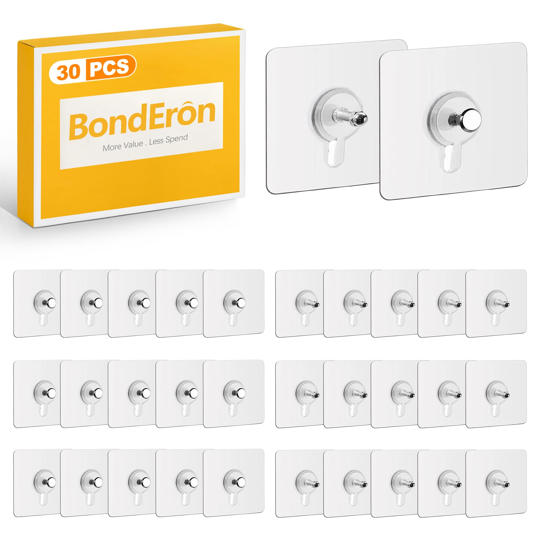 BondEron 30 stuks zelfklevende haken, fotohaken zonder boren tot 5 kg draagkracht, transparante kleefnagels voor fotolijsten, om foto's op te hangen, zonder boren aan muur en tegels