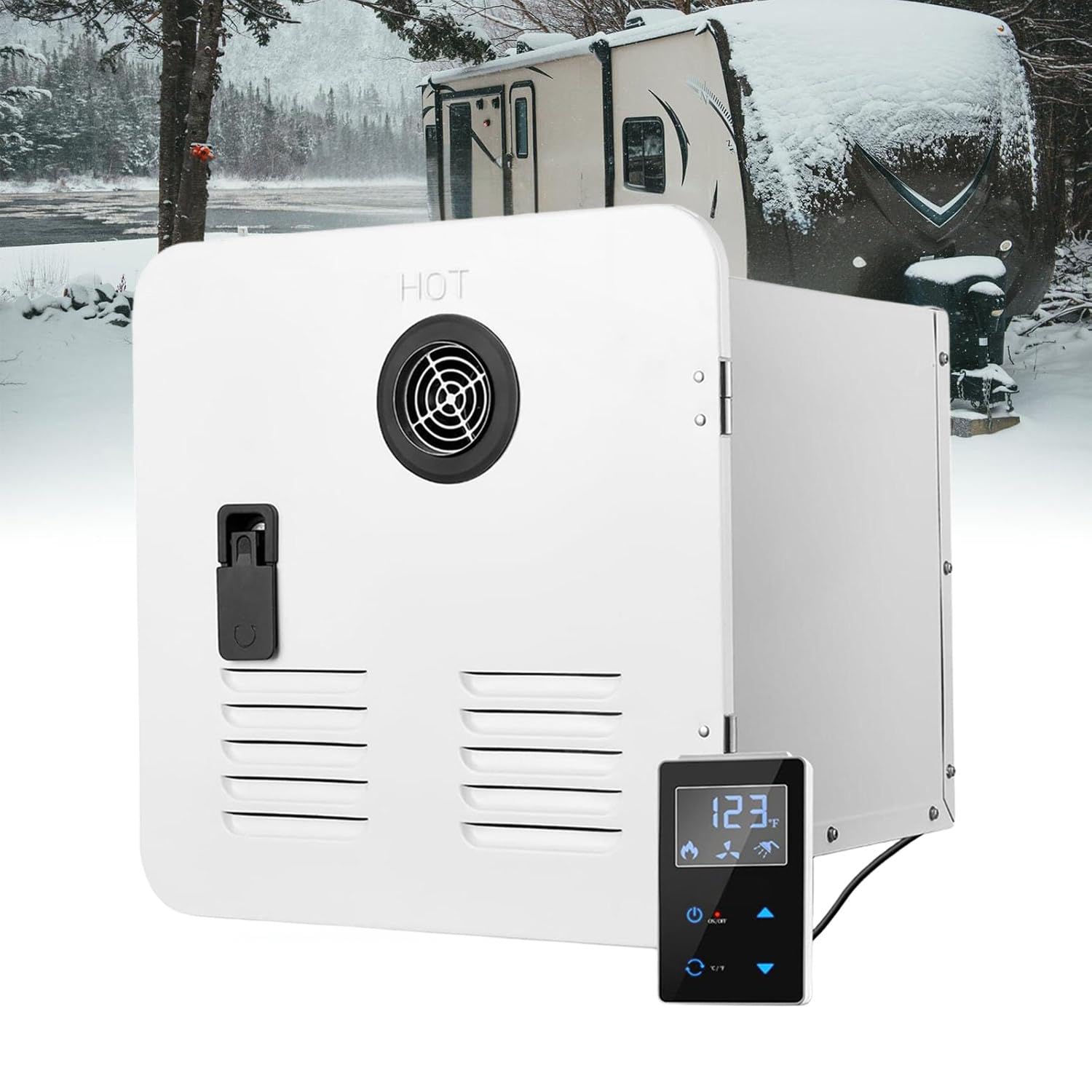 Scaldabagno Senza Serbatoio per Camper, Doccia istantanea, CC 12 V, Max 3,9 GPM, con Porta Nera da 15 x 15 Pollici e Telecomando, Ideale per l'uso Quotidiano dei camperisti White