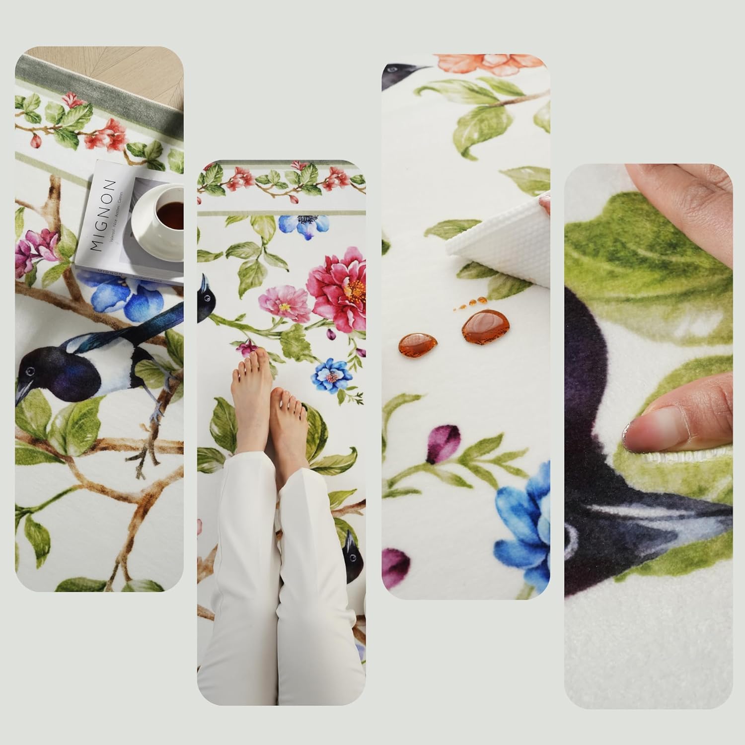 Bedroom Rug 3x5 Rug Washable Area Rug Non Slip Low Pile Floral Bird Magpies Animal Small Carpet for Bedroom, Bedside, Kitchen, Entryway, Kids Room, Office, College Dorm Essentials for Girls