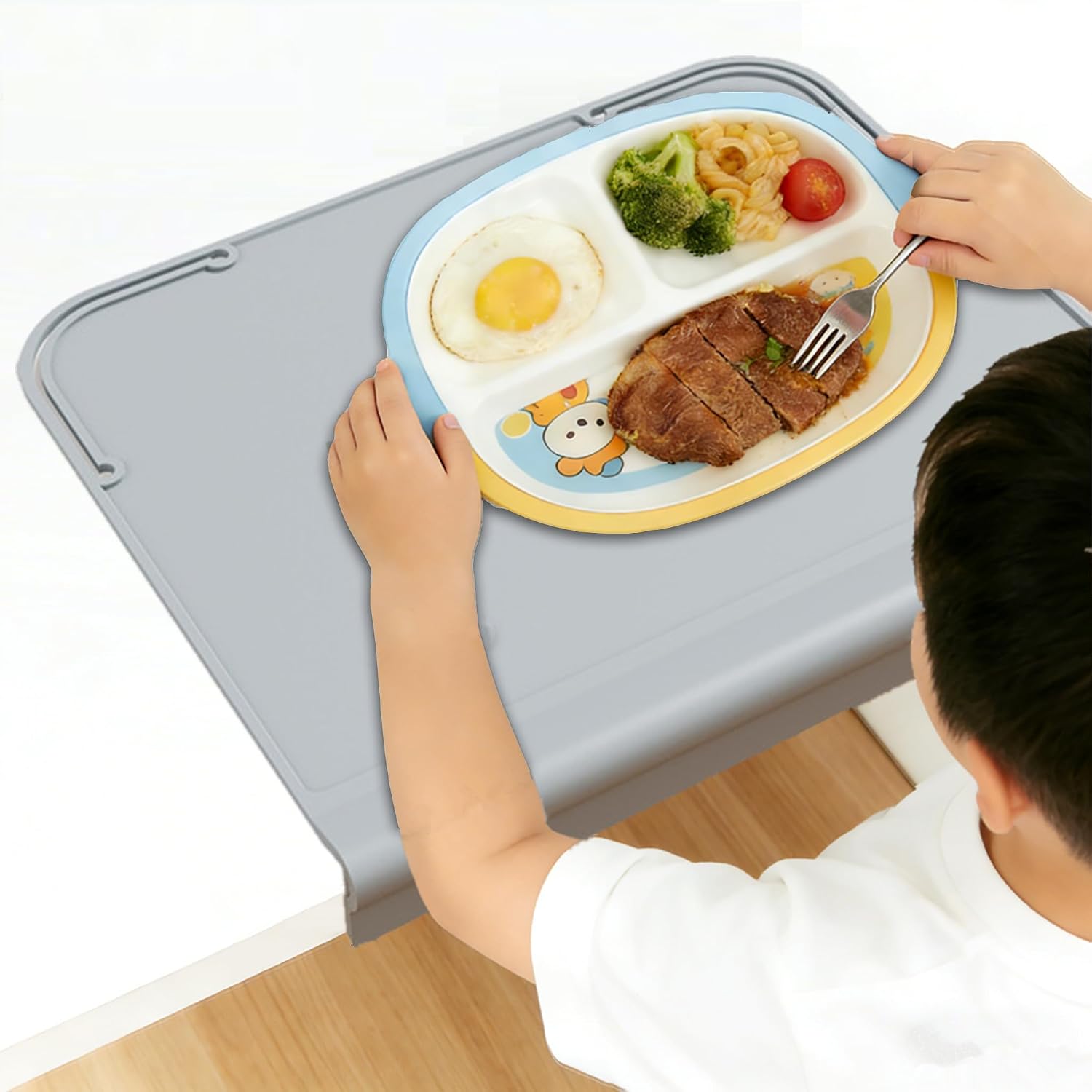 Kids Placemats, Silicone Placemats for Baby & Kids, Baby Place Mats with Teething Edge Bumper, Non-Slip Dinning Table Mat, Waterproof & Dishwasher Safe (Gray, 12''×10'')