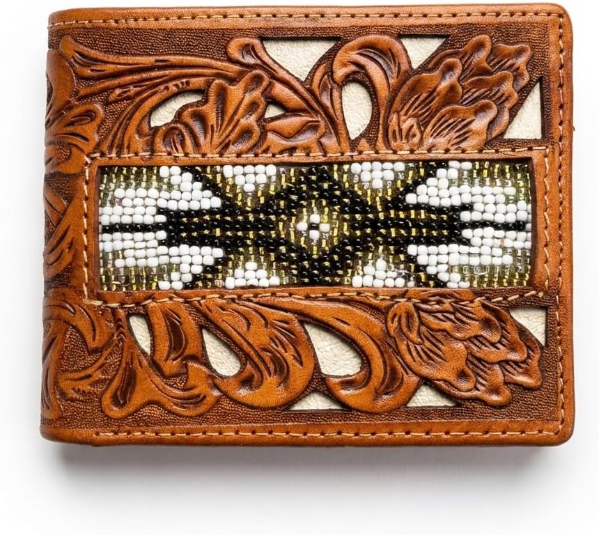 Luxury Hand Tooled Floral Leather Wallet High End Western Hand Beaded Bifold Premium Men's Card Holder (Brown White)
