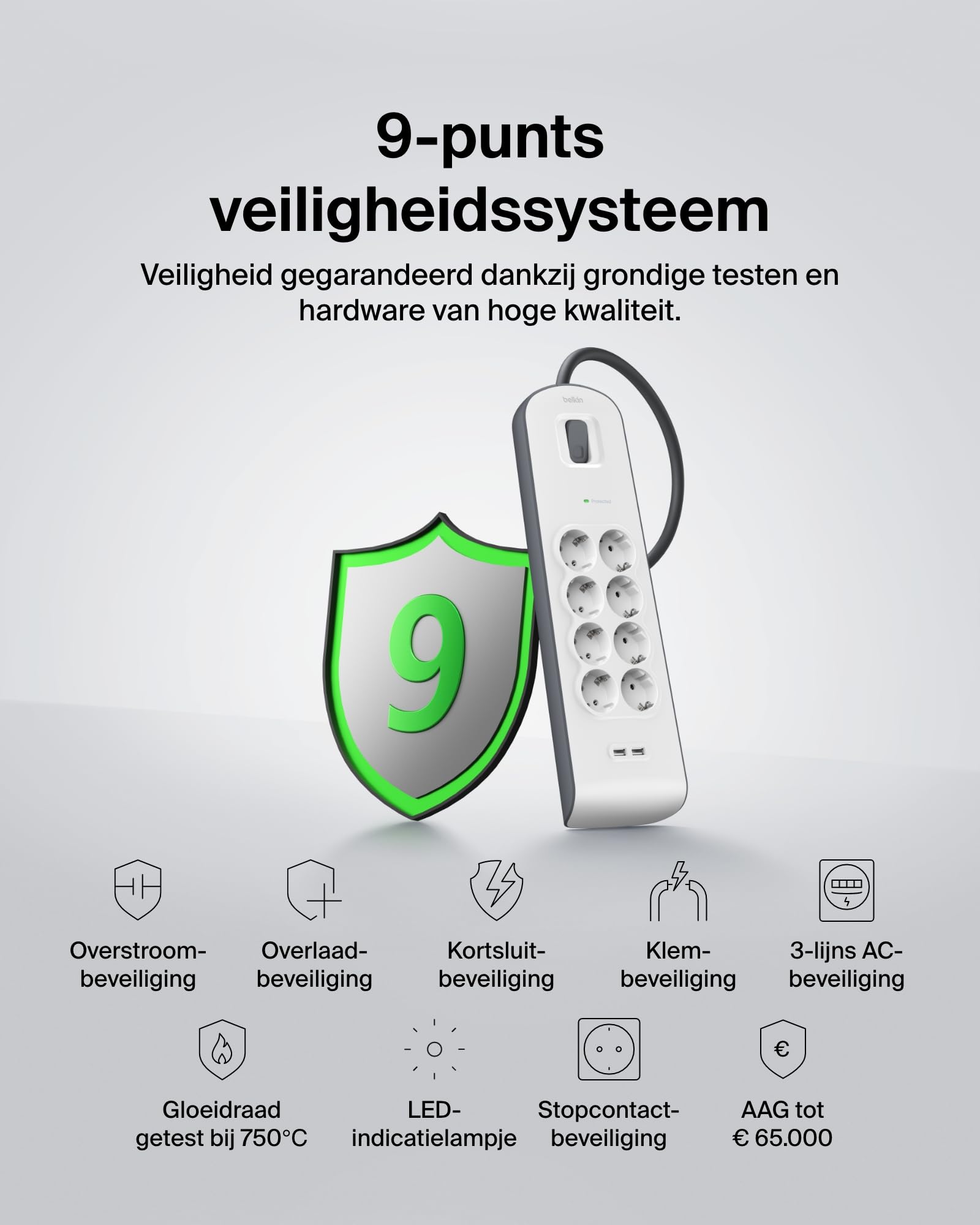 Philips SPN7080WA/10 Stekkerdoos met 8 stopcontacten, stroomvergrendeling, 3.680 W, gevlochten netsnoer, 2 m hoogvast, veiligheidssluiting (Prot-led-display 900J