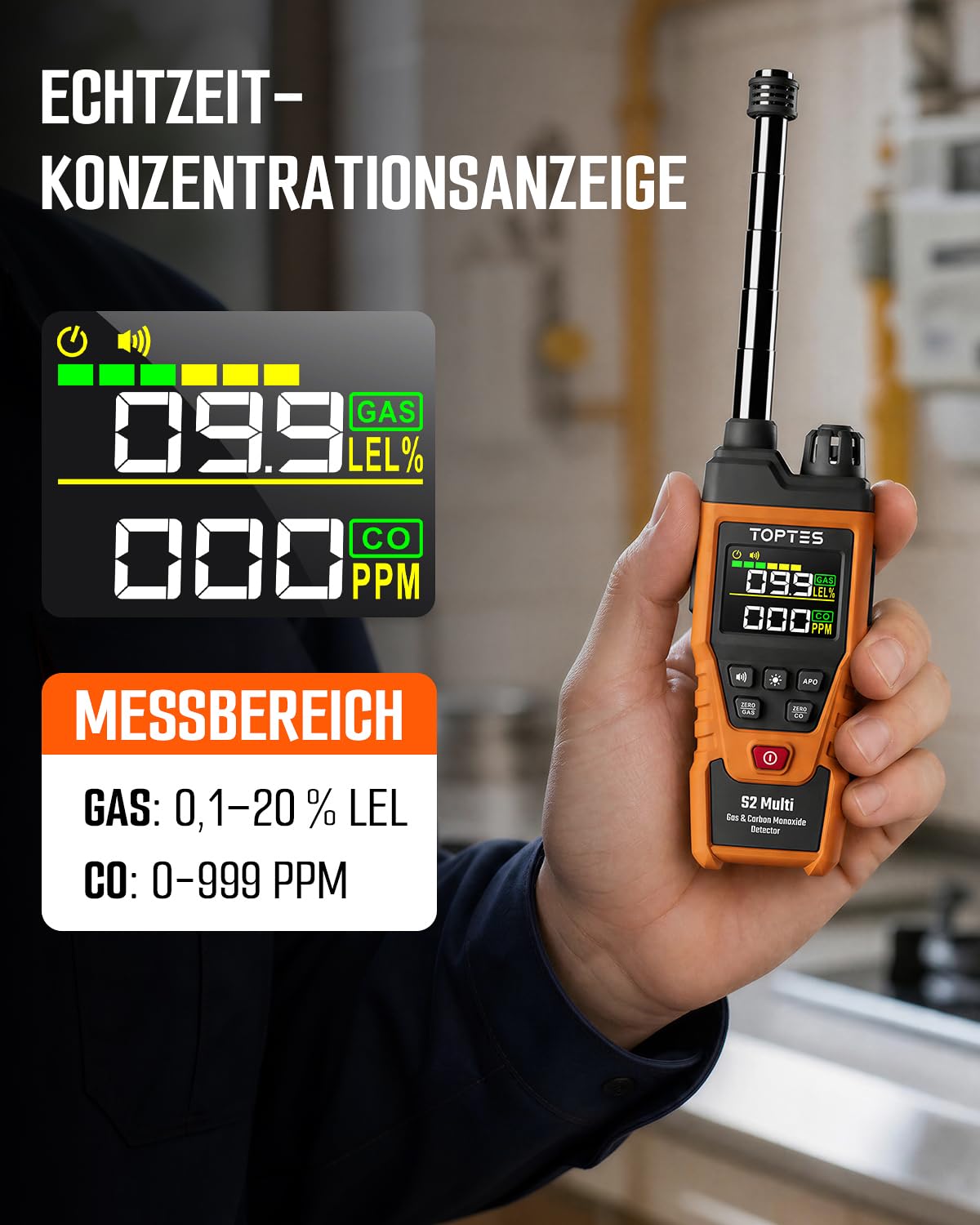 TopTes S2 Multi Gasmelder & Kohlenmonoxid Melder für Erdgas (Orange)