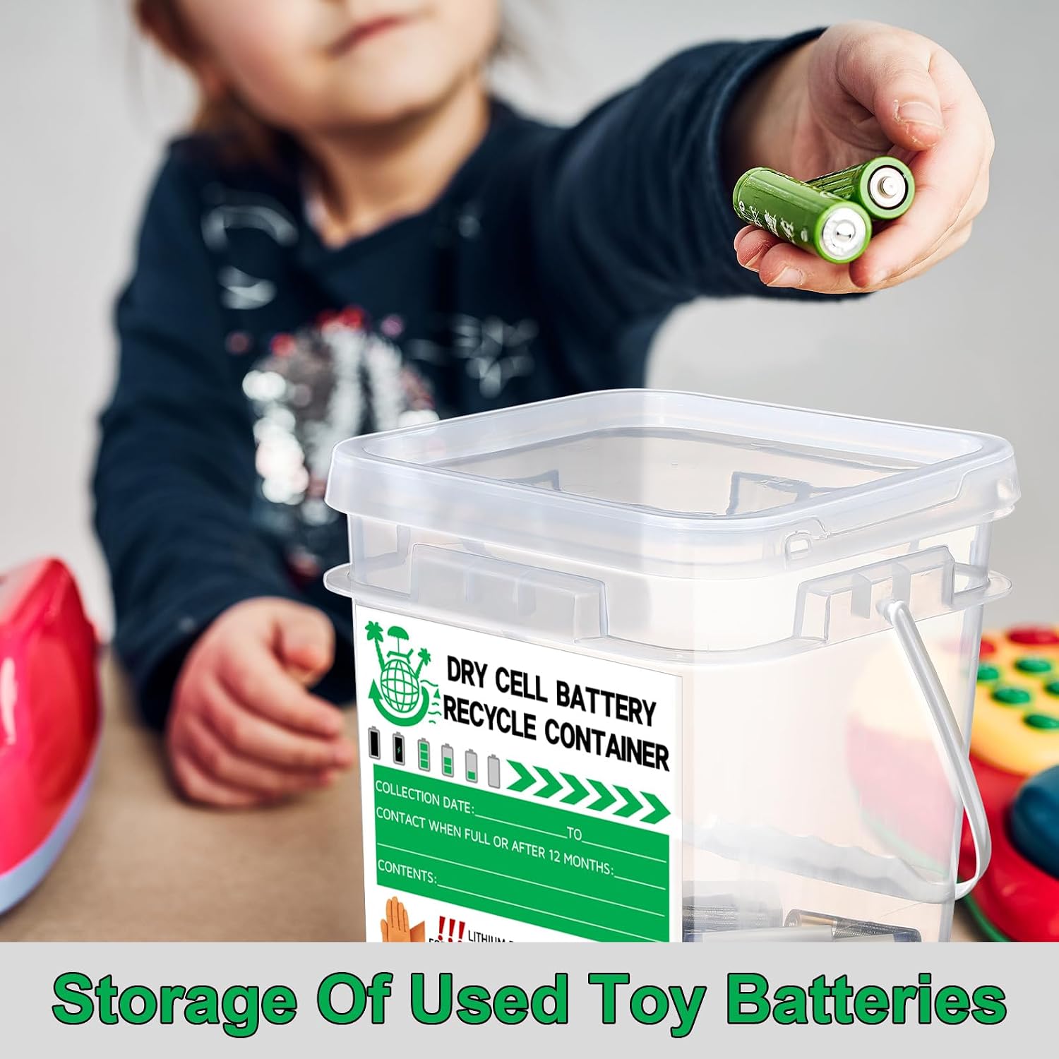 LemonRoad Dry Cell Battery Disposal Container 1.3 Gallon Battery Recycling Container Dry Cell Storage Recycling Bin with Lid Label and Cardboard Box