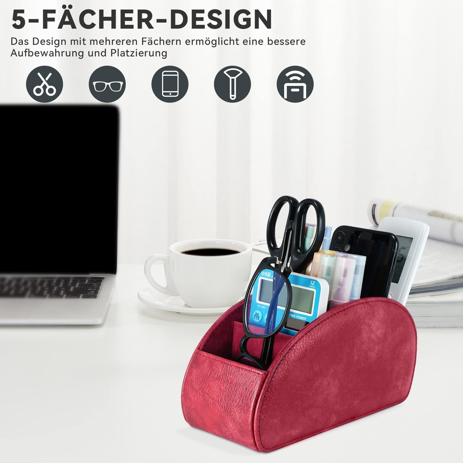 MOLSHINE Uchwyt na pilota z 5 przegródkami, Pu Leather Organizacja biurowa Pudełko do przechowywania Caddy Box na pilota do telewizora,kontrolery ogrzewania,materiały biurowe (Ciemno Czerwony)