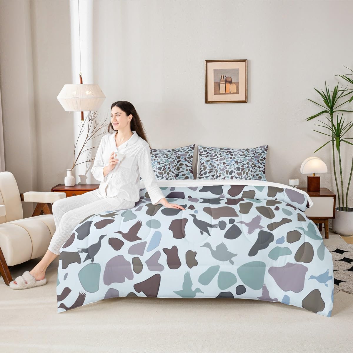 Erosebridal Mallard Duck 7 Piece Comforter Set Queen Bed in A Bag,Hunting Wildlife Flying Bedding Sets for Kids Boys Girls Army Camouflage Wild Animals Sheet Set with Comforter,Blue Green Yellow