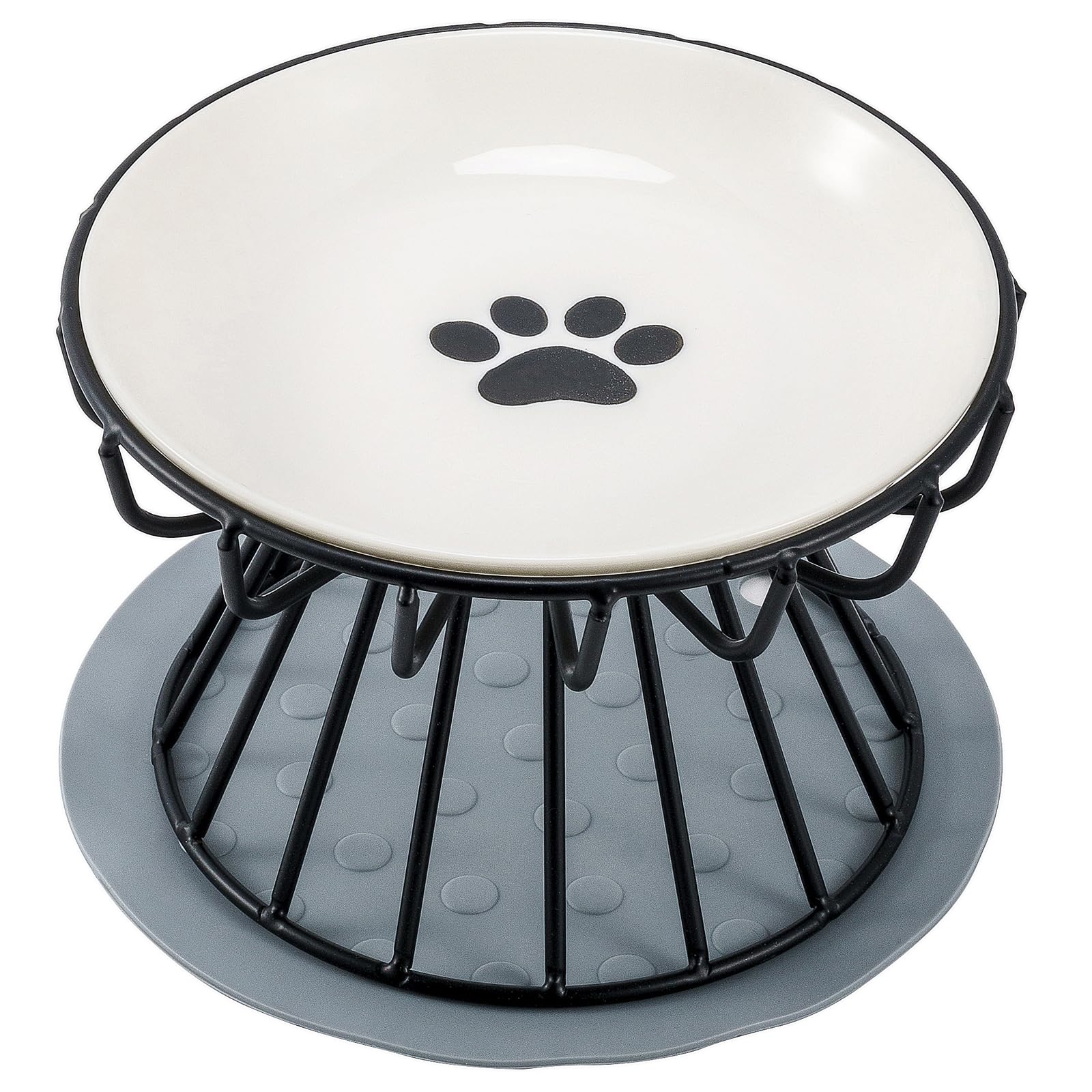 Ceramic cat bowl with iron Stand, pet bowl with anti slip pad, cat food container dish (Black Stand + Cat Paw Dish)