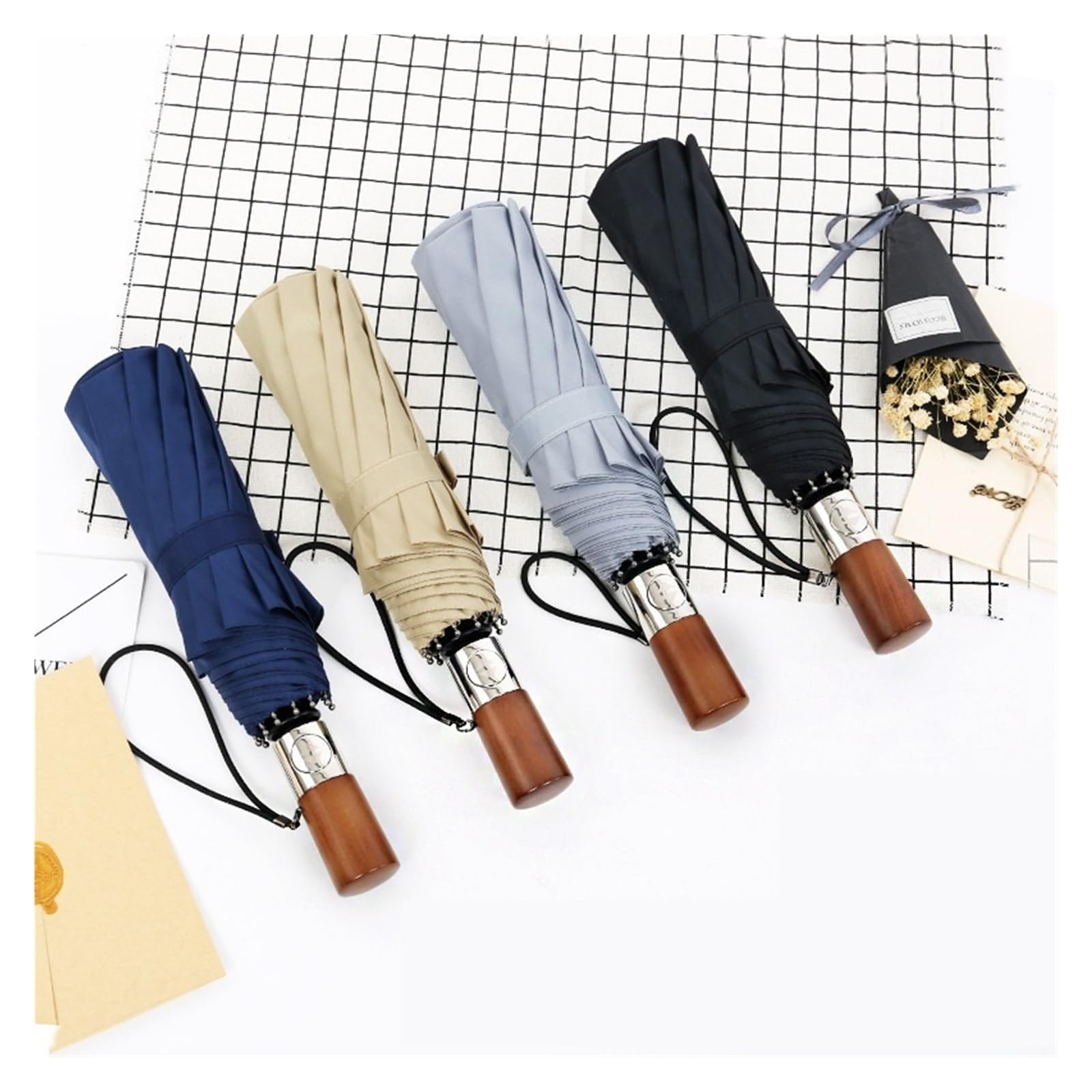 RENEESME Umbrellas For Rain Black Men's Business 10-Bone Automatic Umbrella With Wooden Handle Large Umbrella Strong Umbrella For Wind And Rain(Color:A)