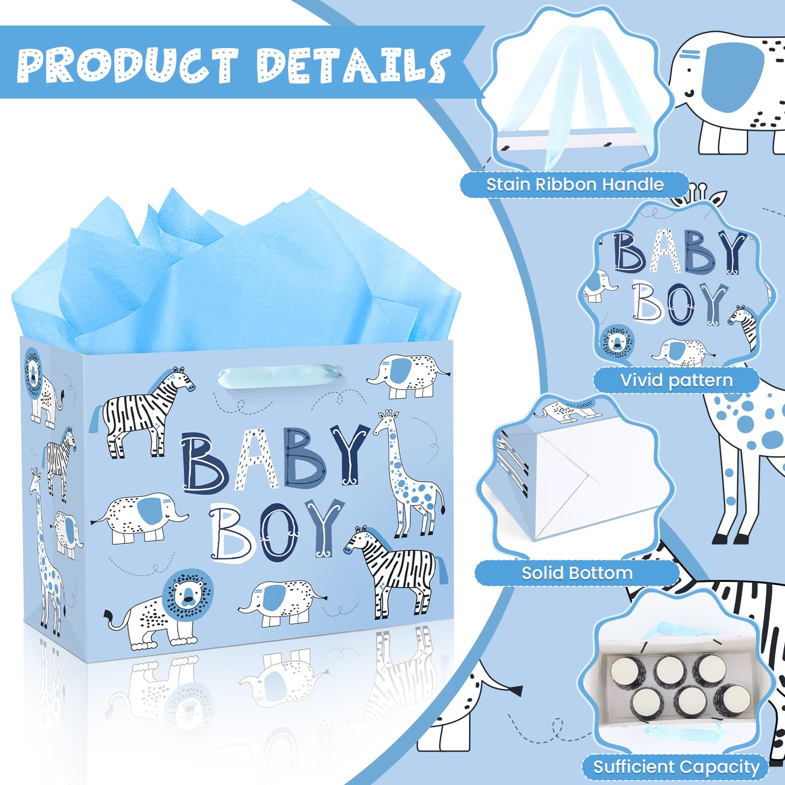 Baby Boy Gift Bag Animal Baby Shower Paper Gift Bag with Tissue Paper and Greeting Card, Blue Animal Baby Boy Birthday Wrapping Paper Bag for Kids Boys Baby Shower Birthday Party Decorations Supplies