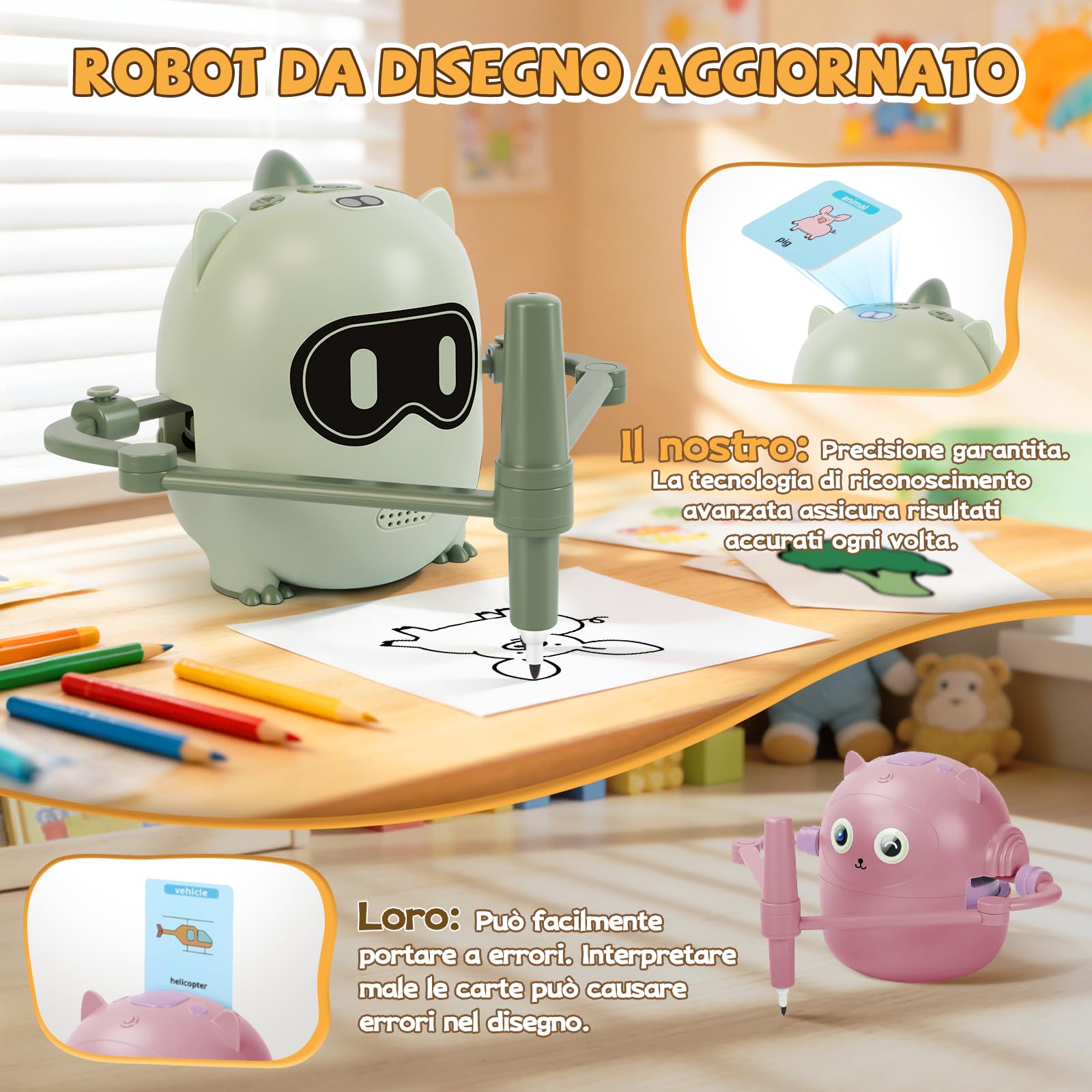 Charmofun Robot da colorare per bambini, 200 carte educative, robot da disegno per bambini con riconoscimento della fotocamera, macchina da disegno educativa interattiva, giocattolo educativo