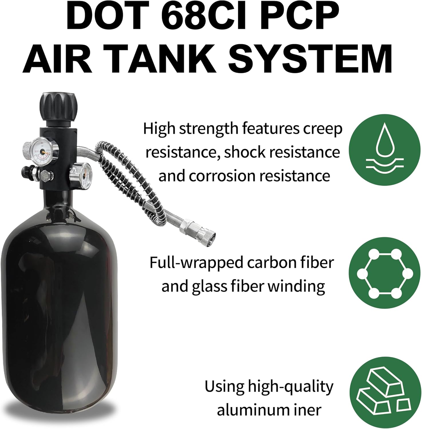 DOT 68ci PCP air Tank System,4500psi Black Carbon Fiber Paintball Tank,HPA Tank Paintball air Tank pcp Tank with 5/8-18UNF Thread Dual Gauge Valve and Tank Handbag
